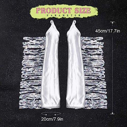 Women's Sparkly Sequin Fingerless Elbow Length Satin Fringe Gloves for Prom Party2