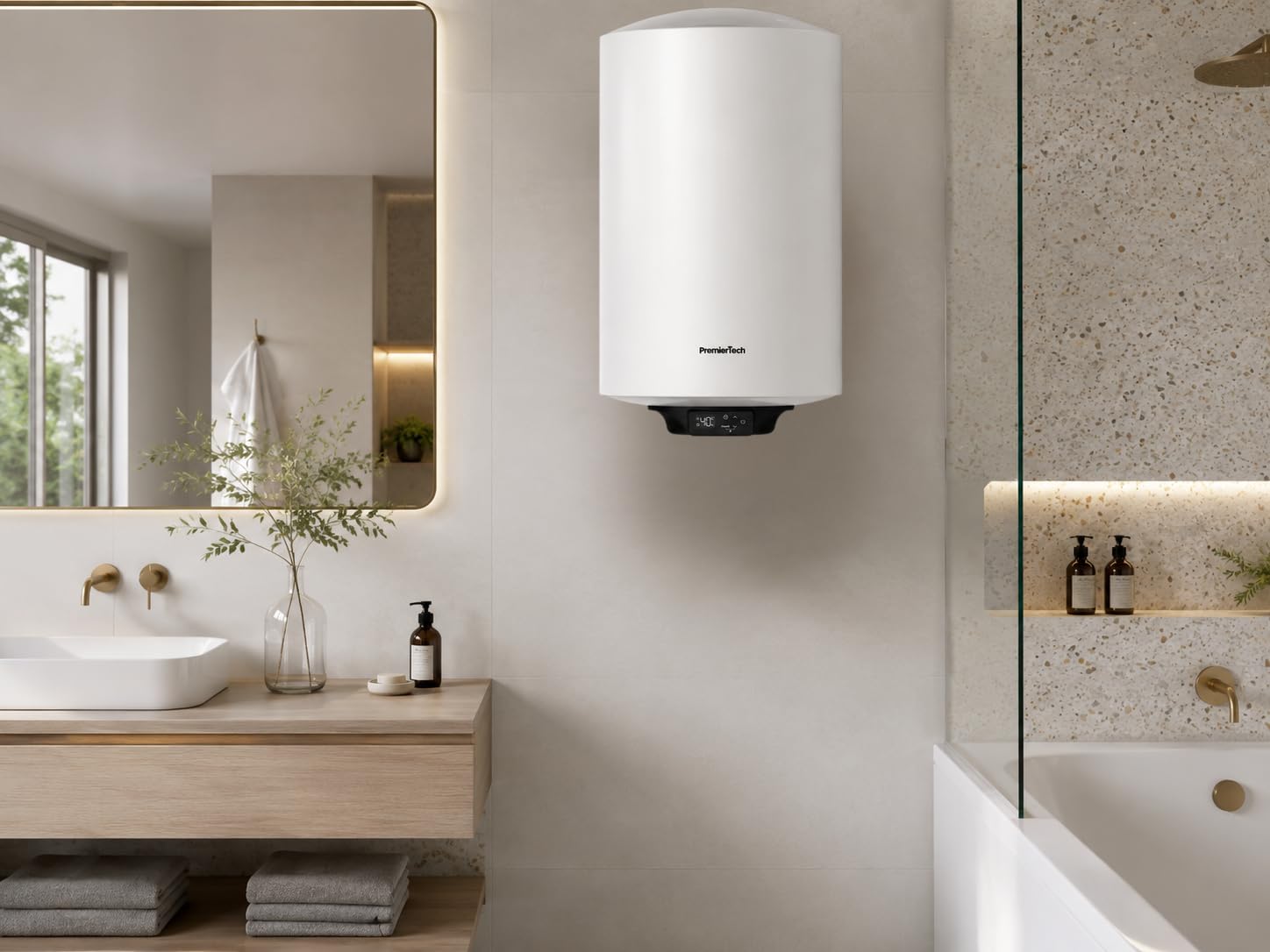 PremierTech Scaldabagno Elettrico 50L Verticale Bianco 1500W Touch SB50VD | Classe Energetica B, boiler elettrico ad accumulo da parete, display digitale, impostazioni Touch, scaldacqua per bagno casa
