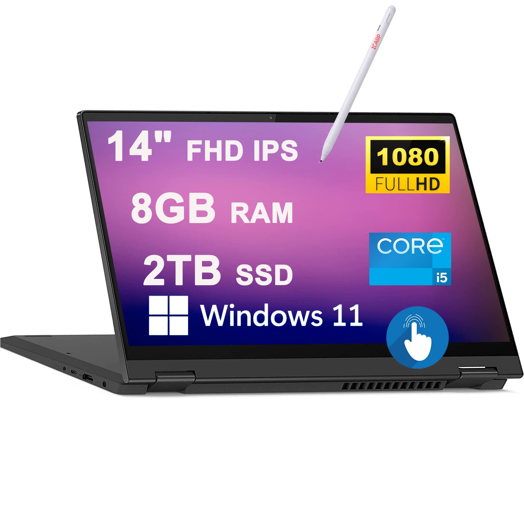 Lenovo IdeaPad Flex 5 14 2-in-1 Laptop 14" FHD IPS Glossy Touchscreen 11th Generation Quad-core i5-1135G7 8GB RAM 2TB SSD Backlit Keyboard Fingerprint HDMI USB-C Dolby Win11 Graphite Grey + Pen