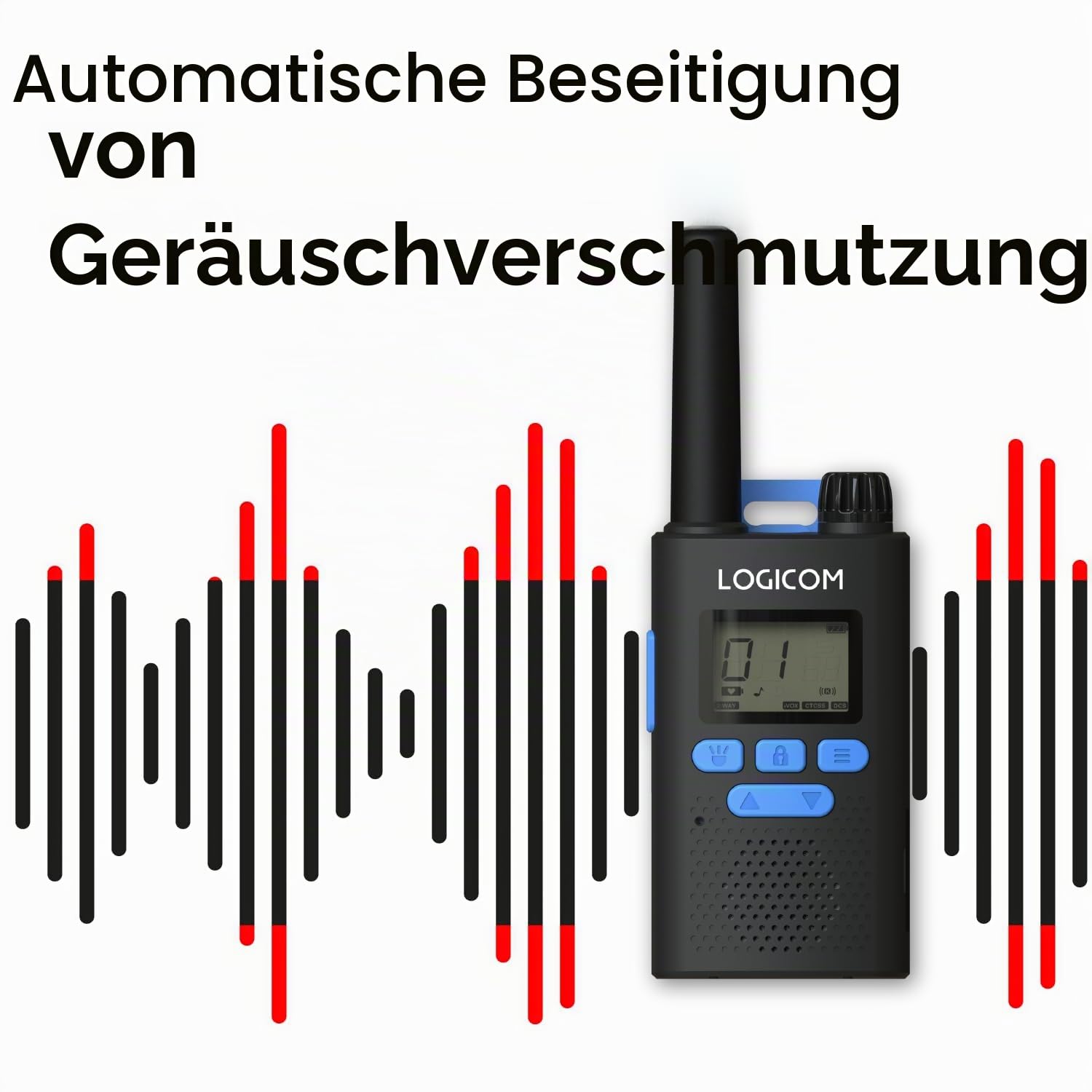Logicom – Essential – Walkie-Talkie – PMR446 – lizenzfrei – bis zu 10 km Reichweite – 20 Std. Akkulaufzeit – LCD-Display – USB-C – Taschenlampe – VOX-Freisprechfunktion – 16 Kanäle – 1000 mAh Akku – 2