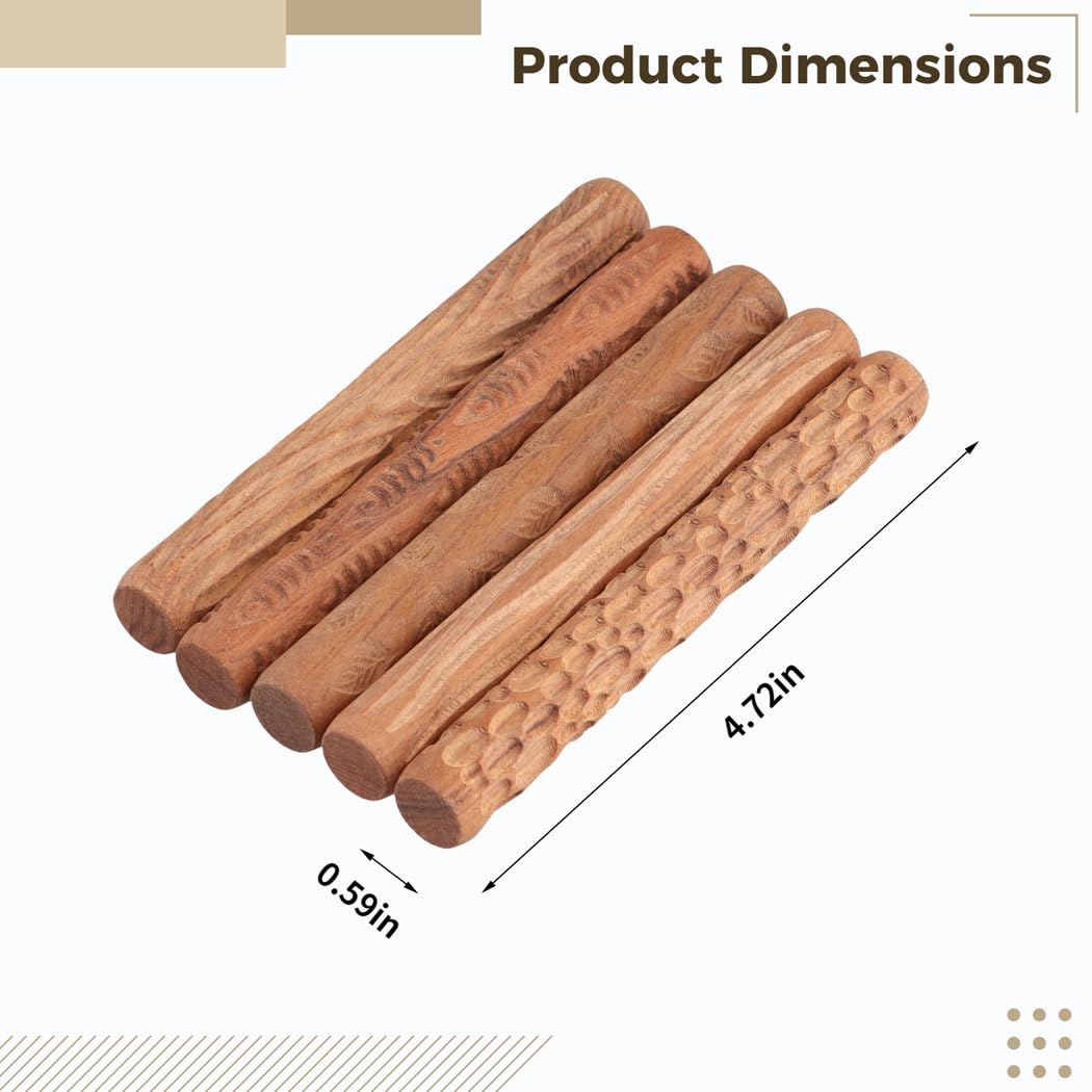 5 rodillos de patrón de modelado de arcilla, hojas de pescado de grano de madera, adoquines y texturas onduladas, rodillos de mano de madera para manualidades de cerámica, herramientas de escultura