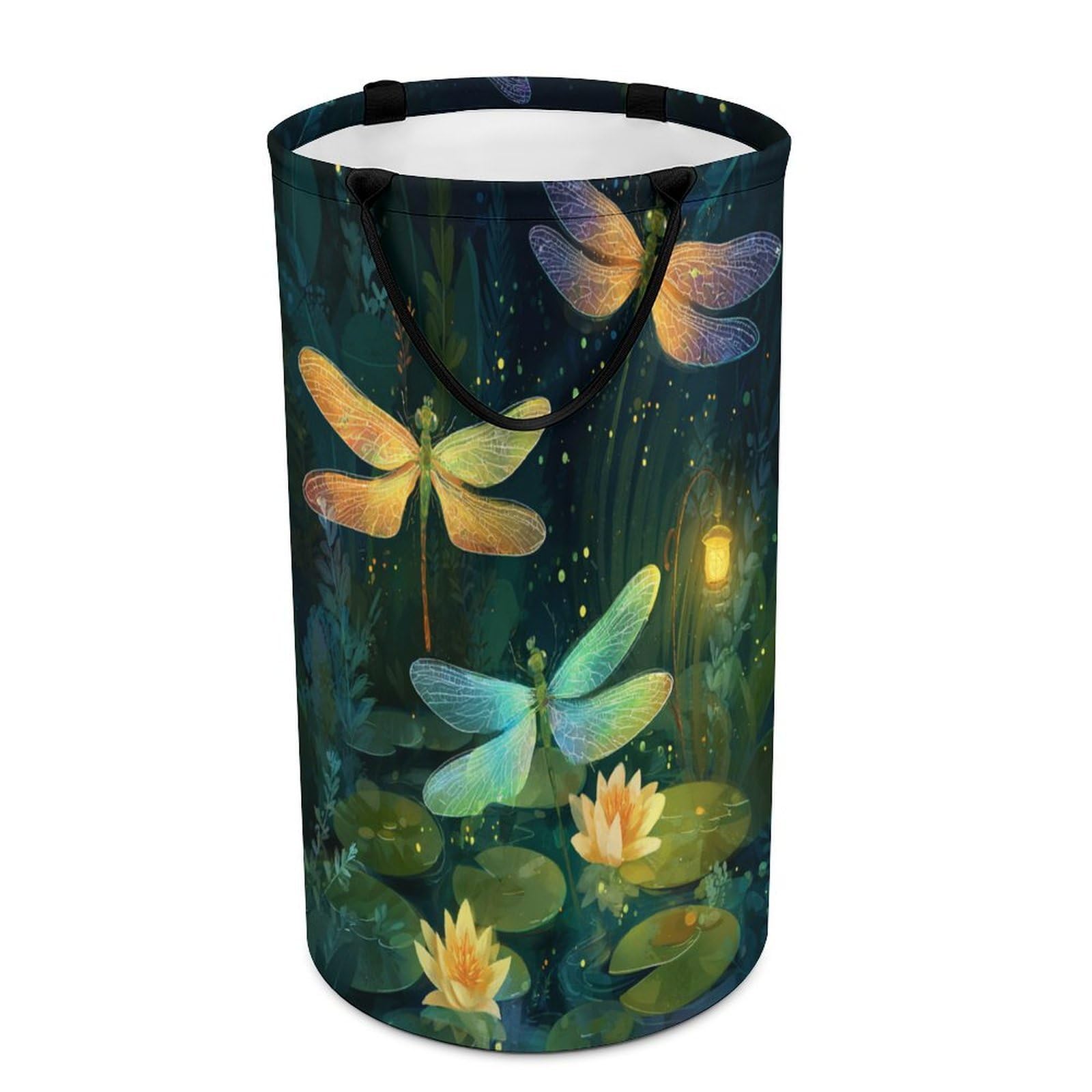 LUYYSKY Beautiful Funny Animal Dragonfly Collapsible Dirty Clothes Basket, Japanese Watercolor Starry Sky Galaxy Plant Lotus Floral Portable Clothes Storage Laundry Basket-40 CM Dia, 69 CM High