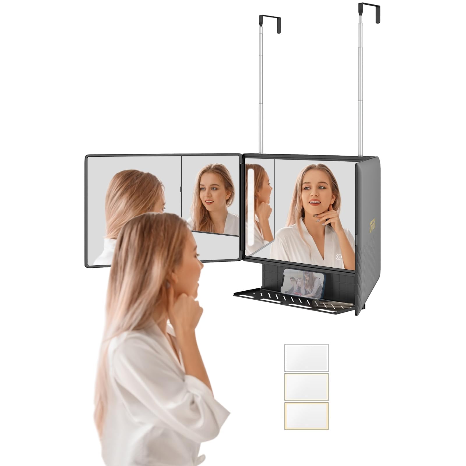 Dripex 3 Way Mirror with Storage Shelf and 3 Color LED Lights, Rechargeable Trifold Self Haircut 360° Mirror with Height Adjustable Hooks for Makeup, Styling, Shaving, Braiding, Dye Hair (Black)