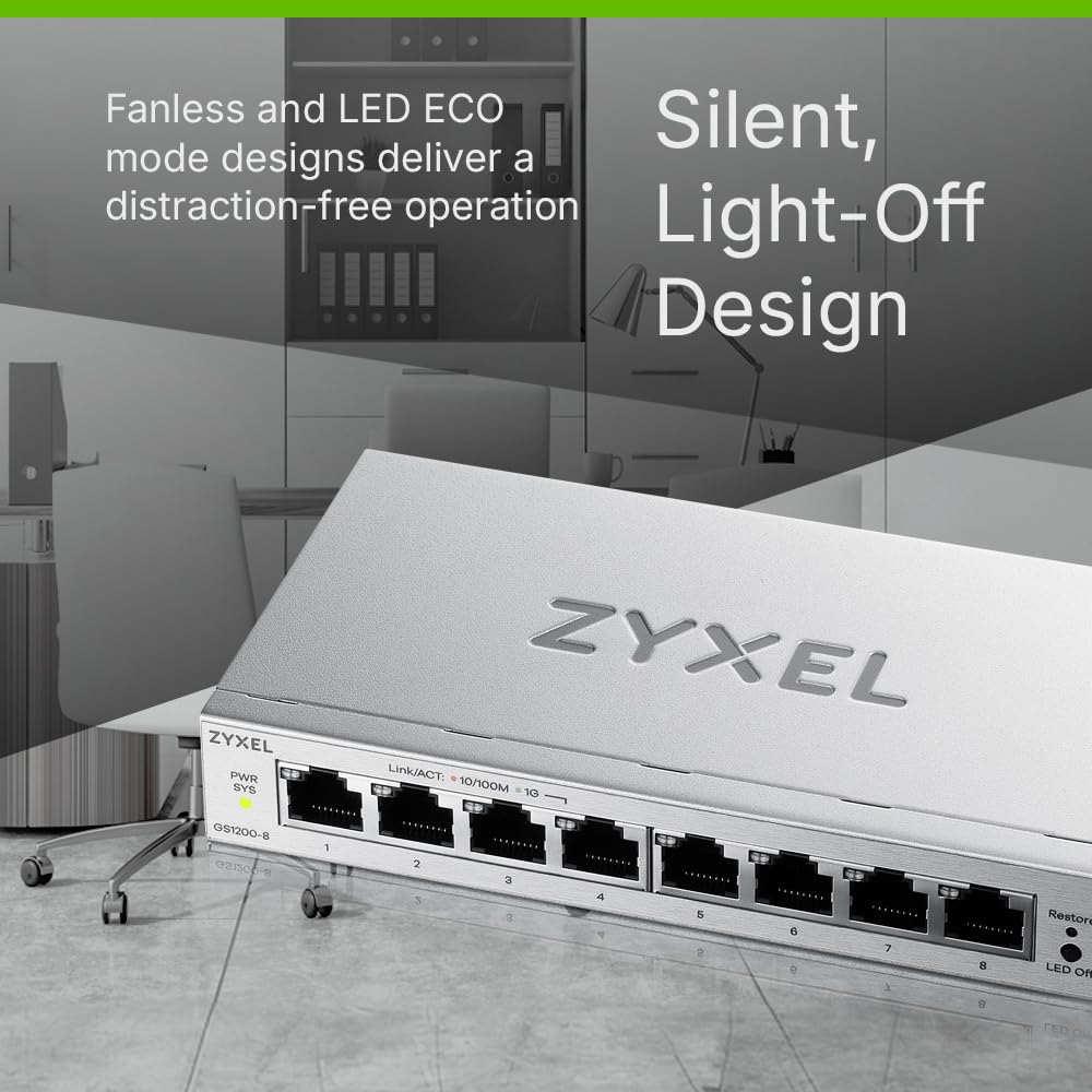 Zyxel Switch Ethernet 8 Ports | Conmutateur Gigabit Manageable en Web | QoS, Link Aggregation, VLAN, IGMP Snooping | sans Ventilateur | Desktop [GS1200-8v3]