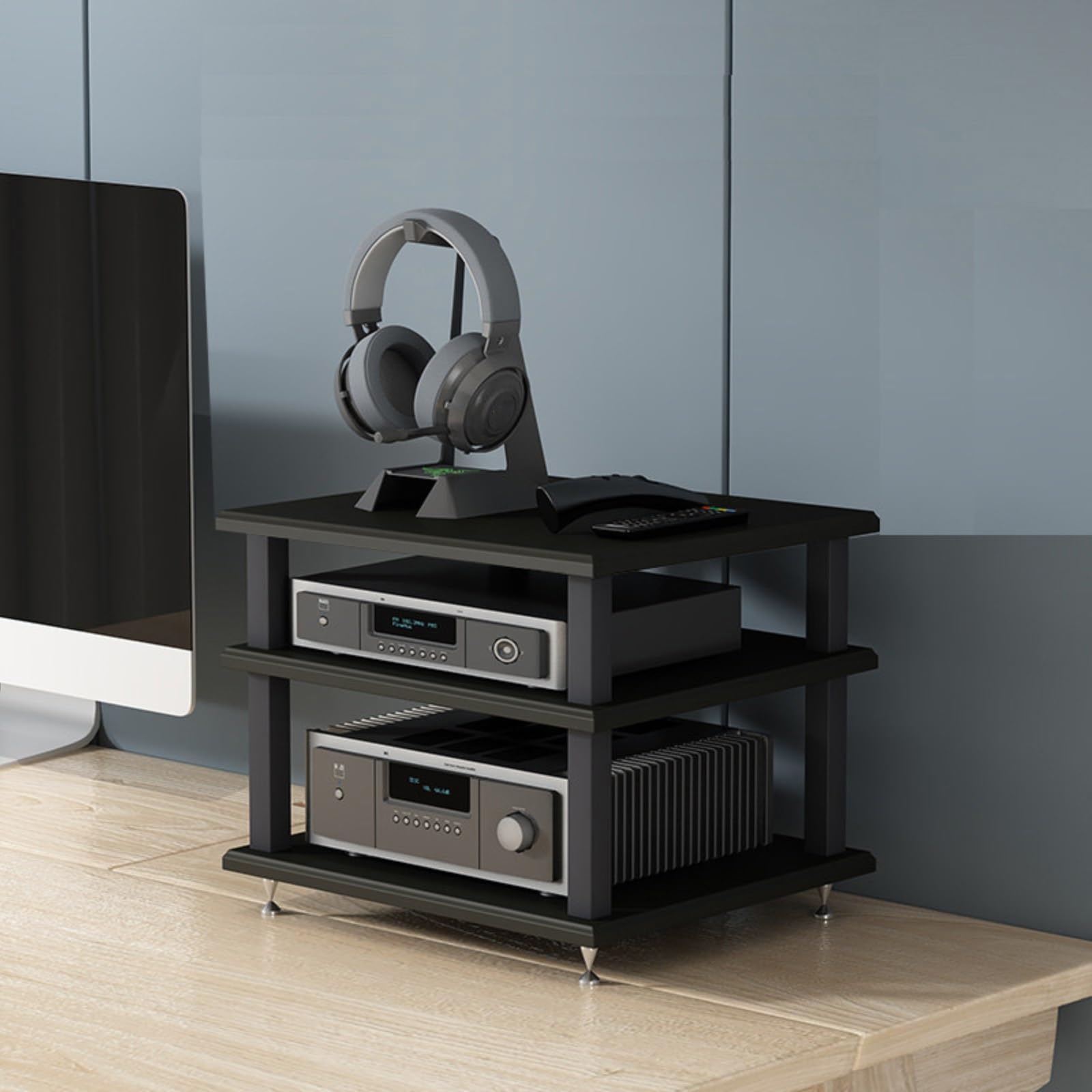 Soporte de audio con patas amortiguadoras y 4 estantes abiertos para equipos HiFi