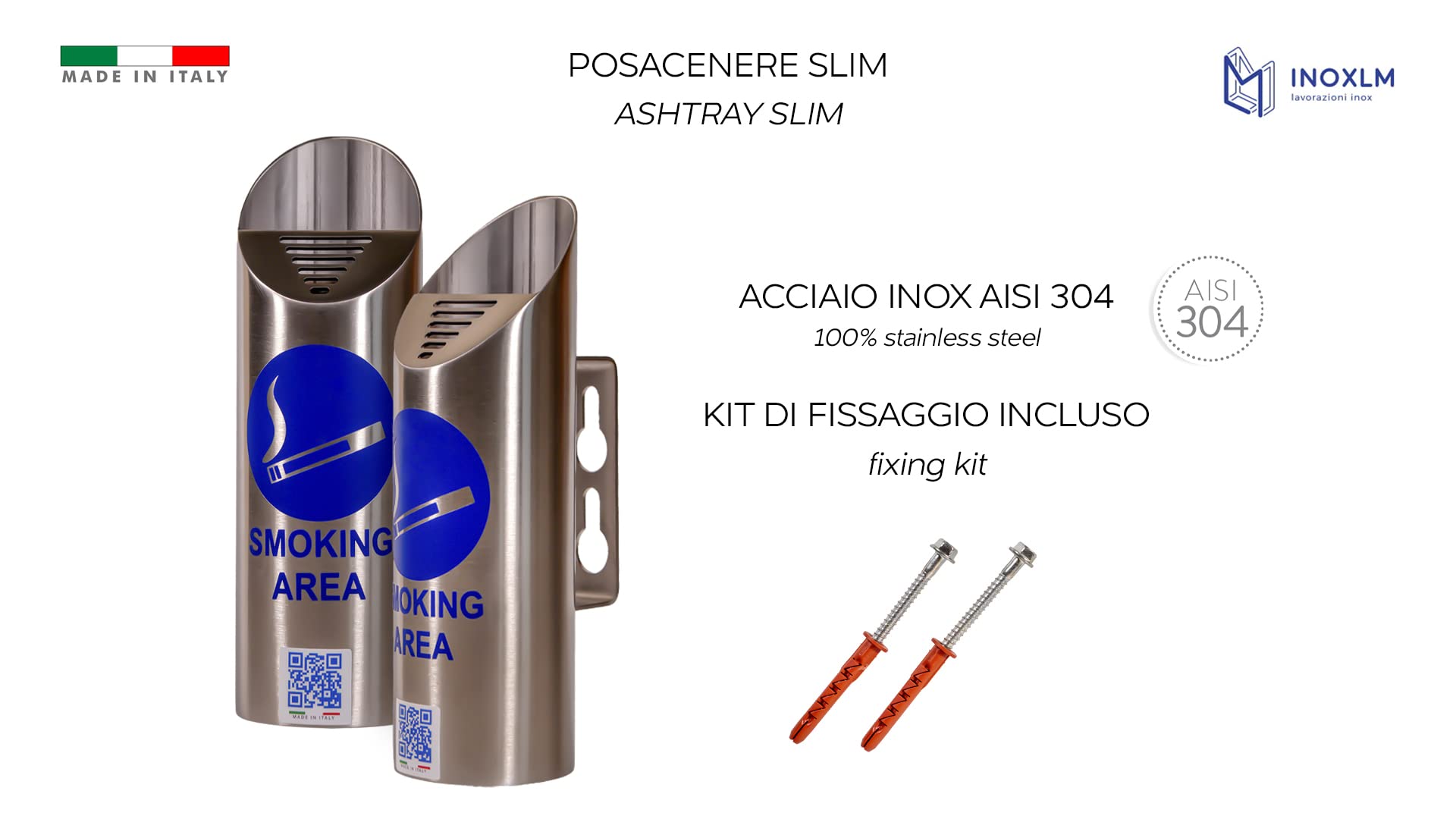 INOXLM Posacenere Portacenere in Acciaio Inox da Esterno Made in Italy da Parete a Muro per abbellimento per Pub Bar Pizzeria Ristorante portasigarette SLIM