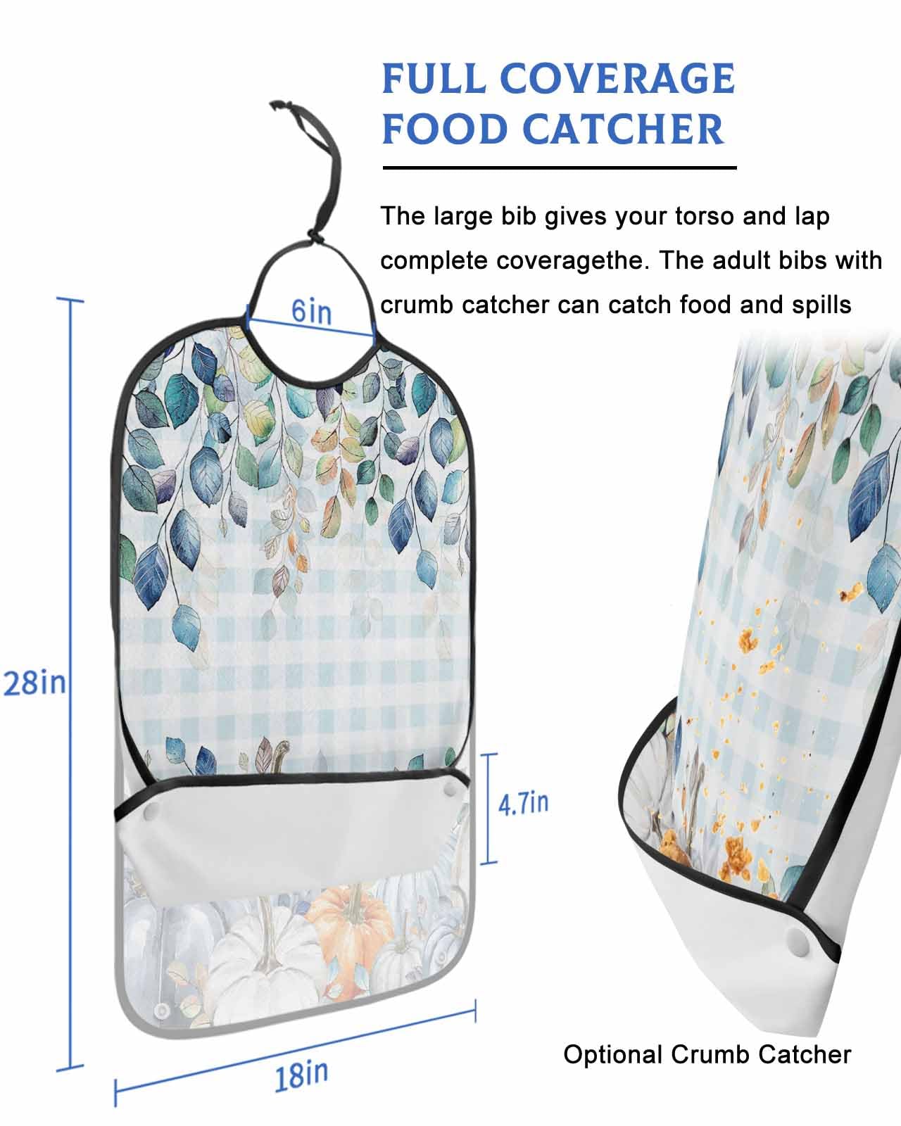 LEOKOTI Blue Plaid Pumpkins Fall Adult Bibs for Eating, Waterproof Bibs with Food Catcher & Adjustable Snap Closure, Thanksgiving Maple Leaf Vintage Washable Clothing Protectors Adult Bibs for Elderly