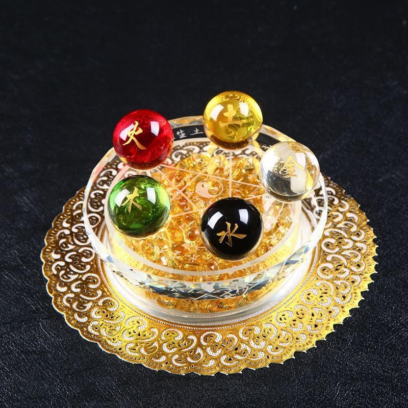 Five Road God Crystal Ball Ornament with Five Elements Beads, Gold, Wood, Water, Fire, Earth, Colorful Beads