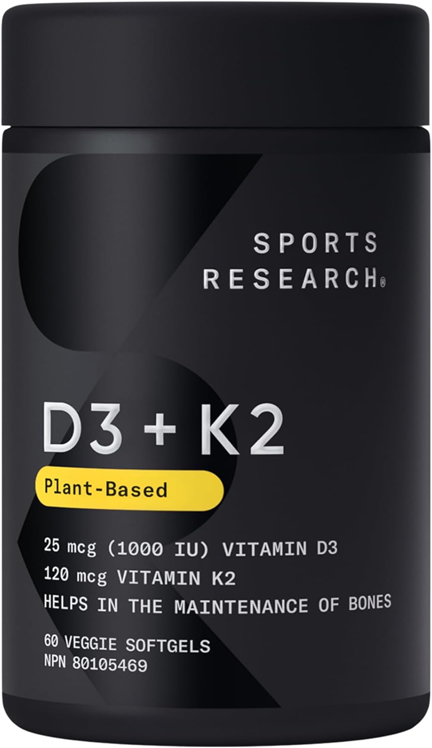 Sports Research Vitamin D3 + K2 with 1000iu of Plant - Based D3 & 120mcg of Vitamin K2 as MK - 7 Non - GMO Verified & Vegan Certified, Softgel(60ct) view 1