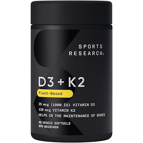 Sports Research Vitamin D3 + K2 with 1000iu of Plant-Based D3 & 120mcg of Vitamin K2 as MK-7 Non-GMO Verified & Vegan Certified,Softgel (60ct) - 60 count (Pack of 1) - D3 + K2