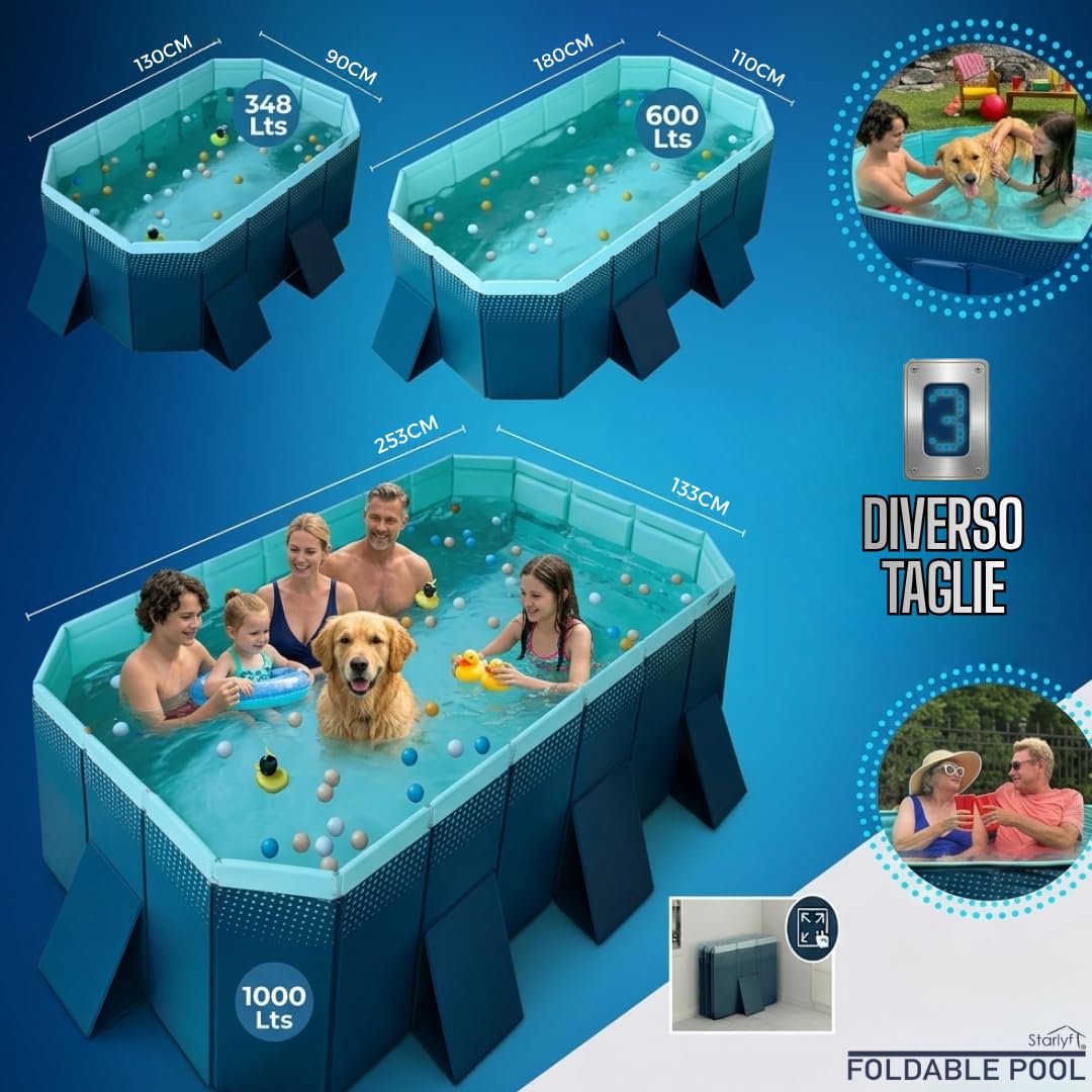 INDUSTEX - Piscina pieghevole e pieghevole, piscina per bambini e adulti, piscina per cani portatile, piscina smontabile, non include copertura per piscina e tela di suel (Med interna: 180 x 110 x 50