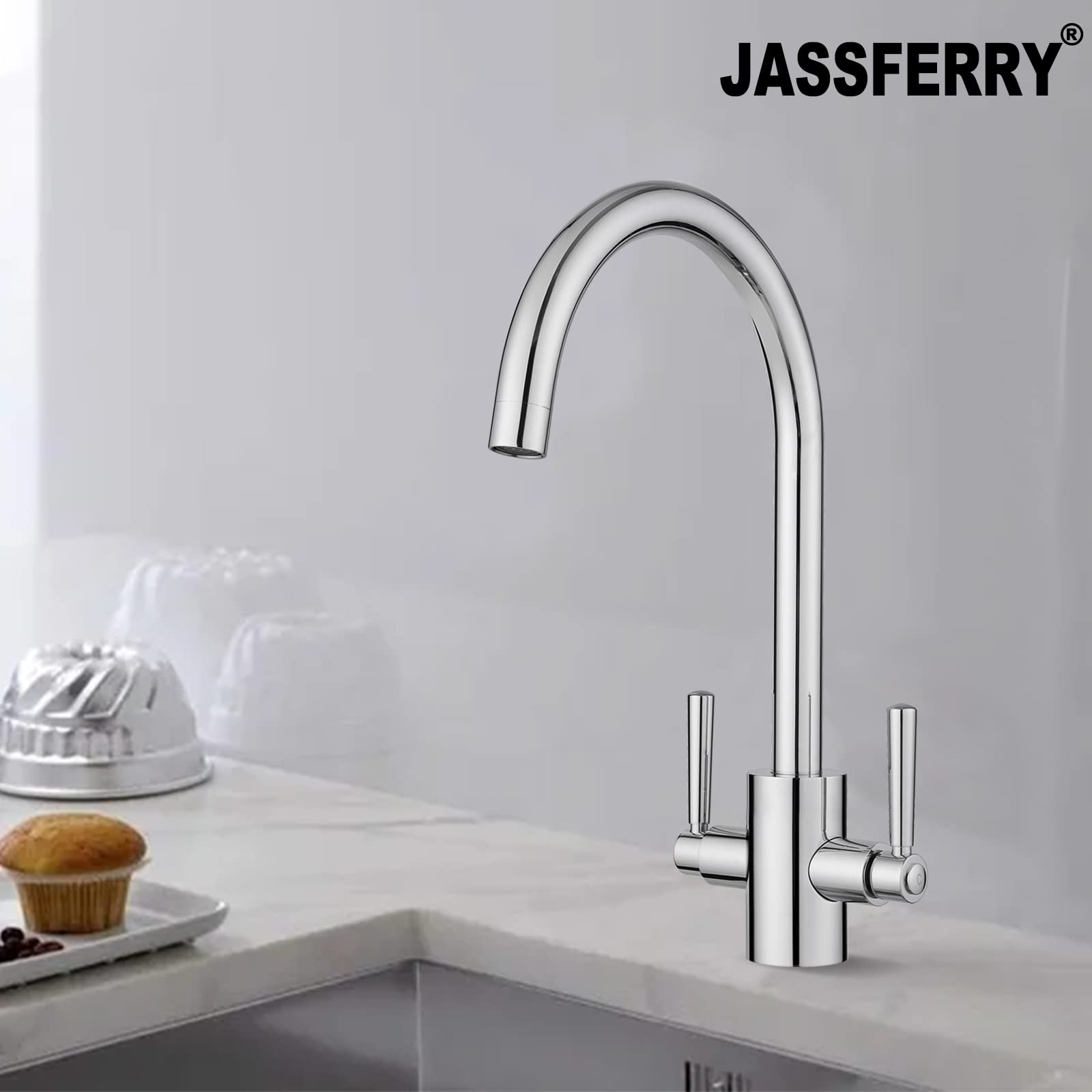 JASSFERRY - Grifo Monomando para Fregadero de Cocina Hogar y Cocina (dos asas, cuello de cisne, redondo, cromado pulido)