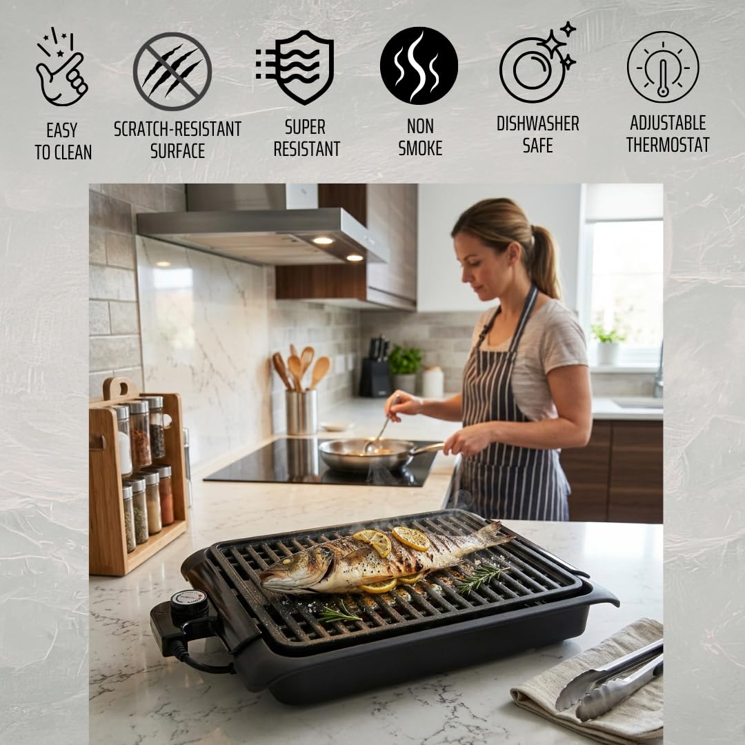 STARLYF Grill elektryczny Smokefree Grill + żelazko, bez dymu i zapachów, grill z powłoką miedzianą nieprzywierającą, 1250 W, regulowany termostat