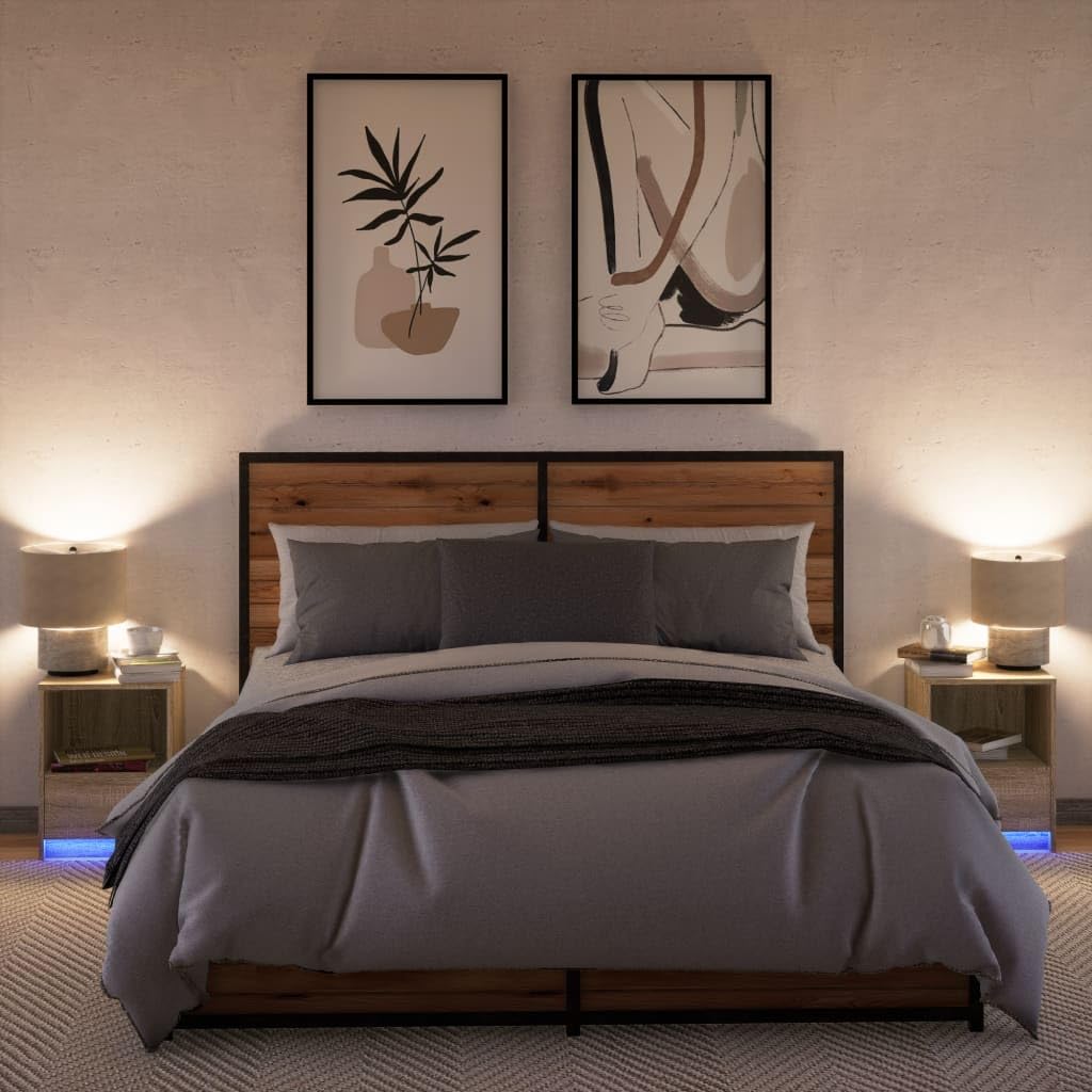 Juego de 2 mesitas de noche con iluminación LED, madera de roble Sonoma, 38 x 34 x 50 cm, mesa auxiliar versátil para dormitorio y salón