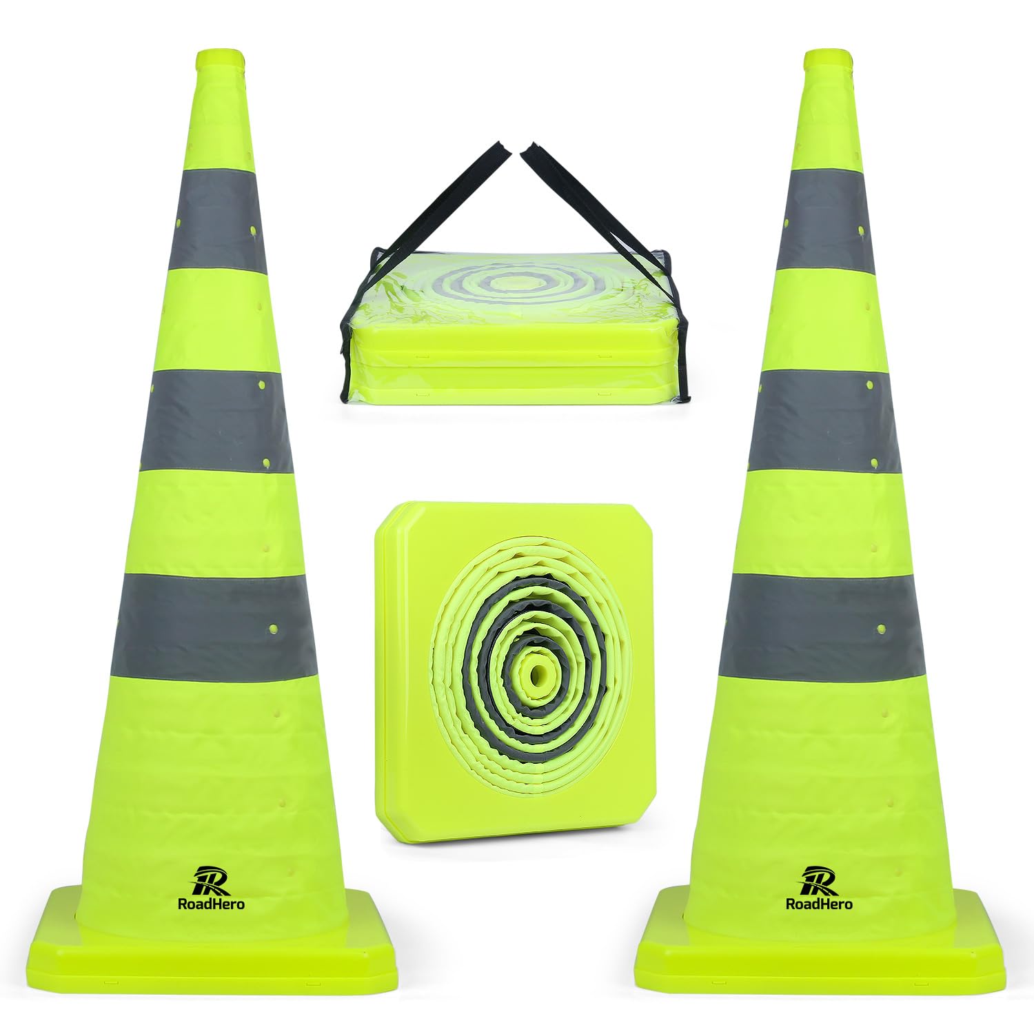 RoadHero 36 Inch 2 Pack Collapsible Traffic Safety Cones, Lime Green Pop-up Cones with Reflective Collar for Road Safety, Driving Training, Parking Lots