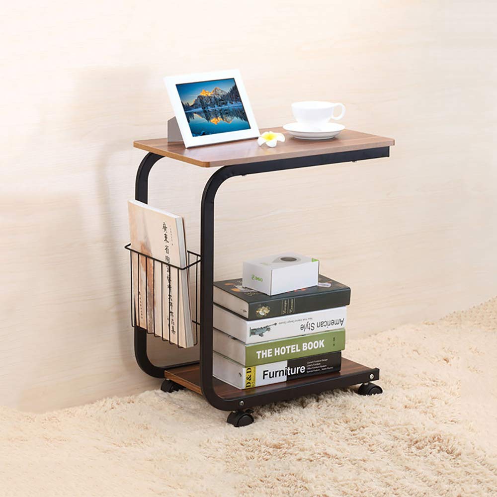 YOKIA Movable Desk Side Table Tray Cart 4 Wheels Steel Legs Wood Desktop Office Home Desk Shelf Organizer Bookcase, Walnut