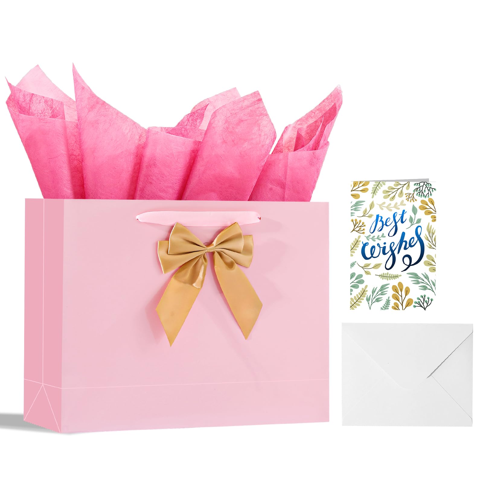 Birthday Gift Bag with Tissue Paper and Card(1 PCS Bright Pink, 13")