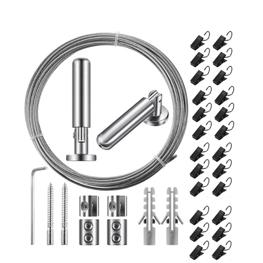 Hndhbfgrt Wire Curtain Rod Set 196 Inch/5 Meter Room Divider Hanging System with 24 Clips Adjustable Curtain Drape Wire Rod