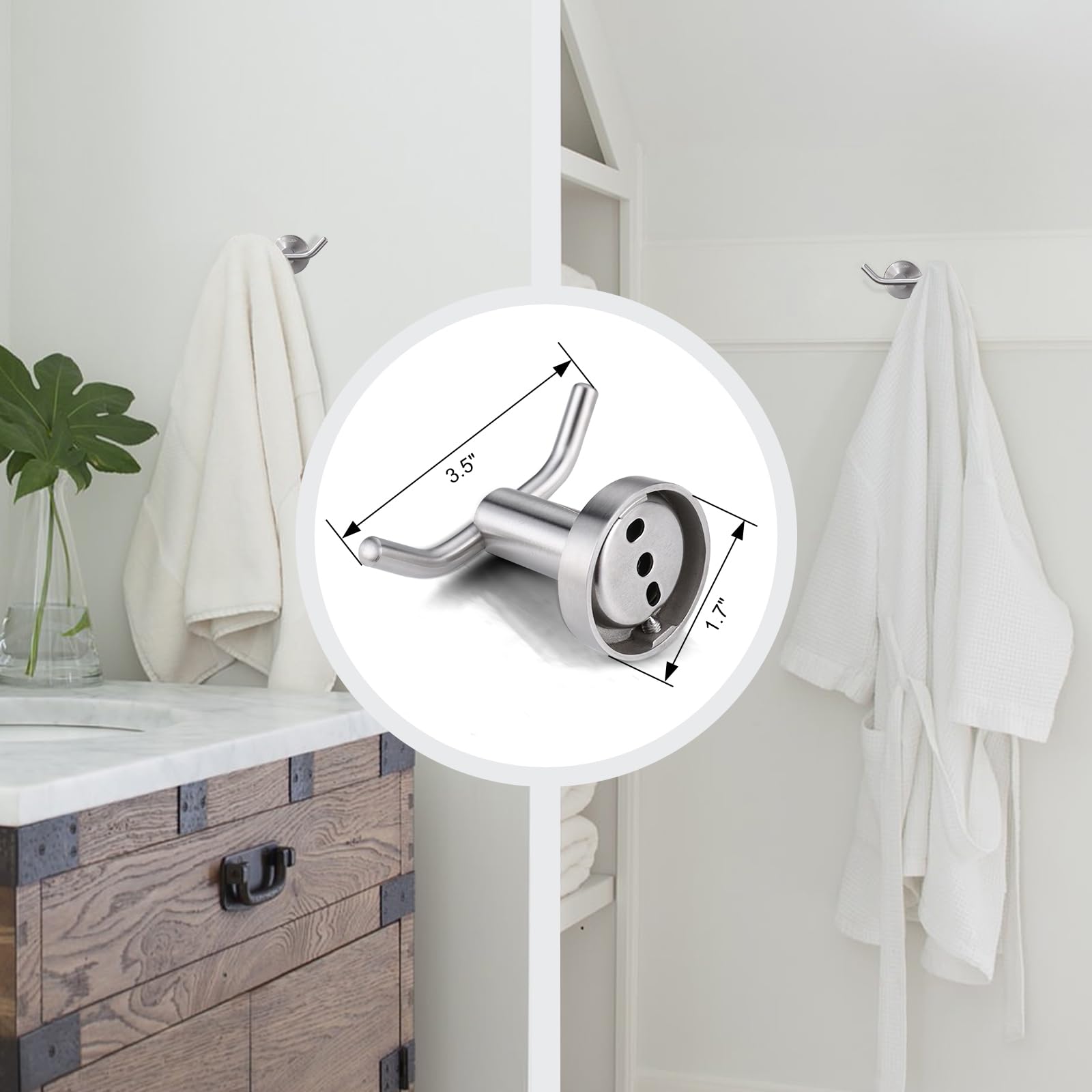 ARCORA Stainless Steel Double Robe Hooks, Brushed Nickel, 2 Pack, 13 lbs Capacity, Modern Bathroom Wall Mount Towel Hooks - Image 2