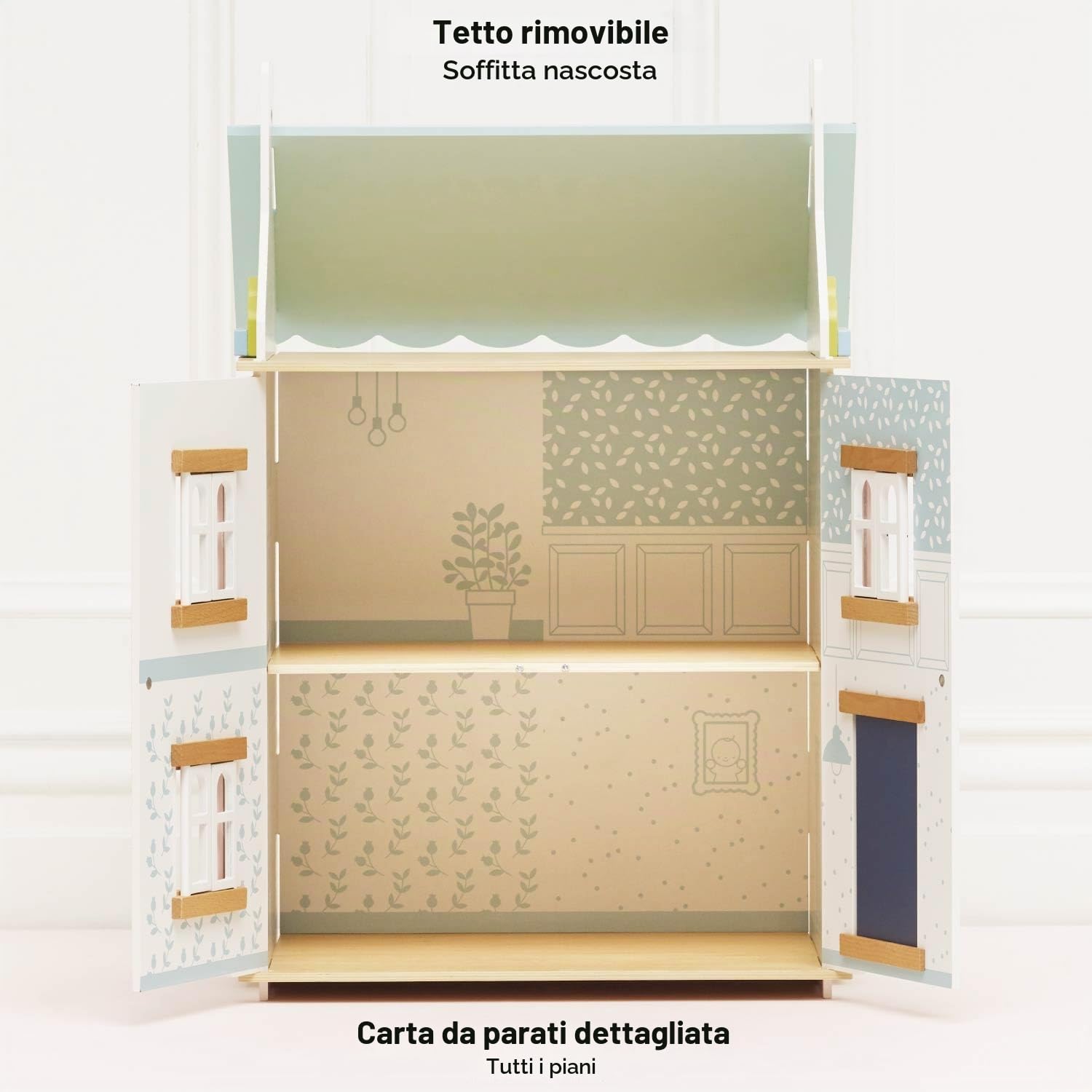 Le Toy Van - H125 - Casa delle bambole Blue Belle in legno certificato FSC, 3 anni, per bambina, 2 piani, l 44 x p 36 x h 66 cm, con persiane, finestre e porte apribili, gioco Montessori ecologico
