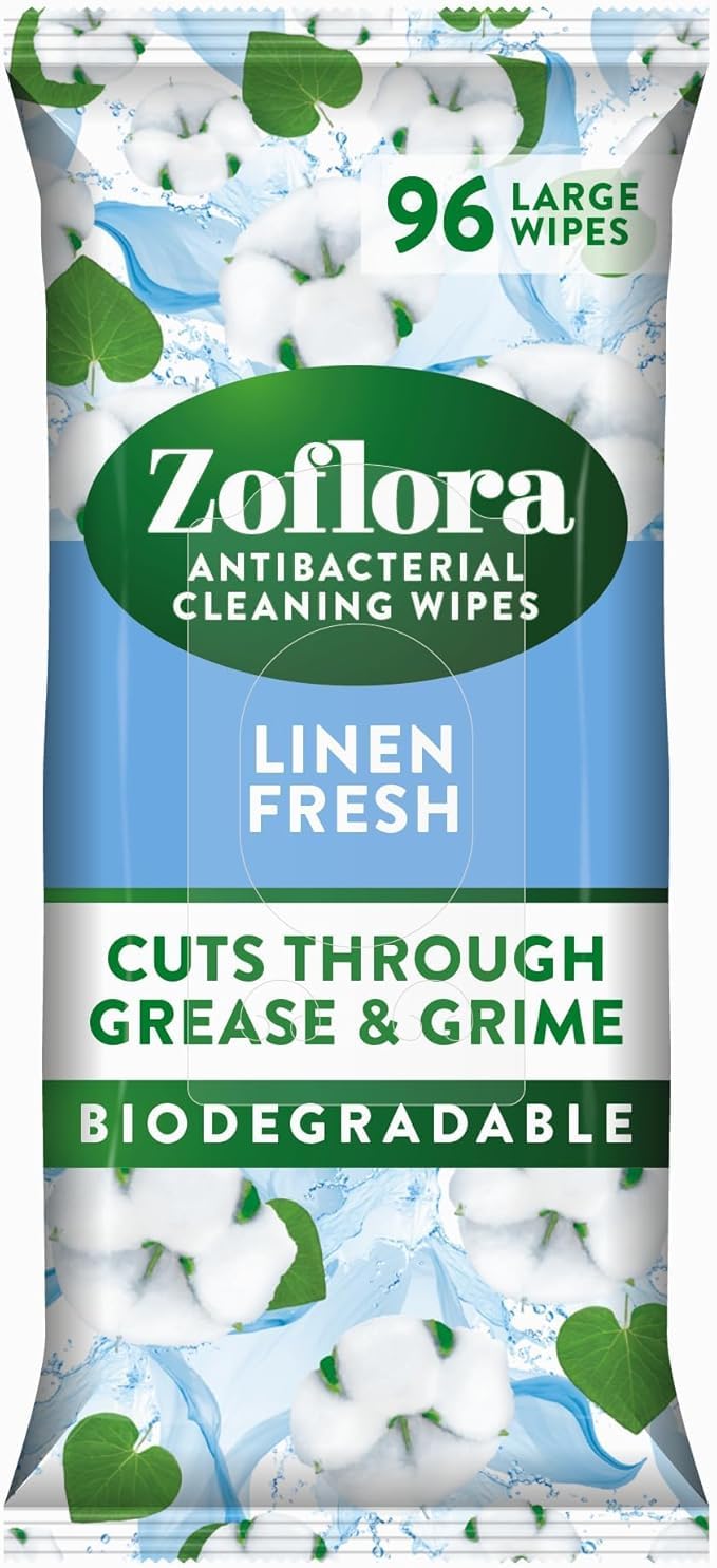 Zoflora Linen Fresh Biodegradable Wipes, Antibacterial Multi-Surface Cleaning Wipes, Kills 99,9% Of Bacteria & Viruses, Convenient, Quick Cleaning, 1 Pack (96 Sheets)