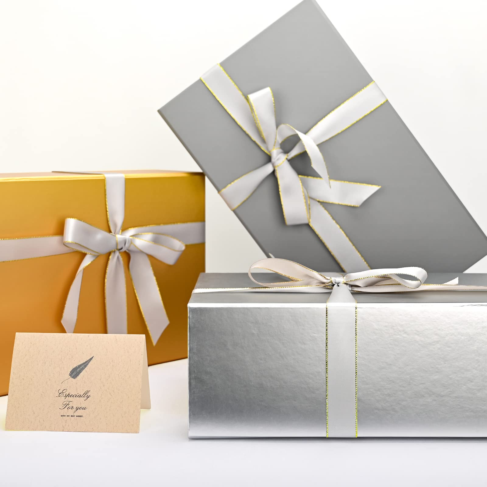 LIFELUM Pudełka na prezenty z pokrywkami, 5 sztuk 35 x 21 x 11 cm, srebrne pudełka prezentowe ze wstążką, kartką, papierem rozdrobnionym, pudełka prezentowe na prezenty, ukończenie szkoły, Boże