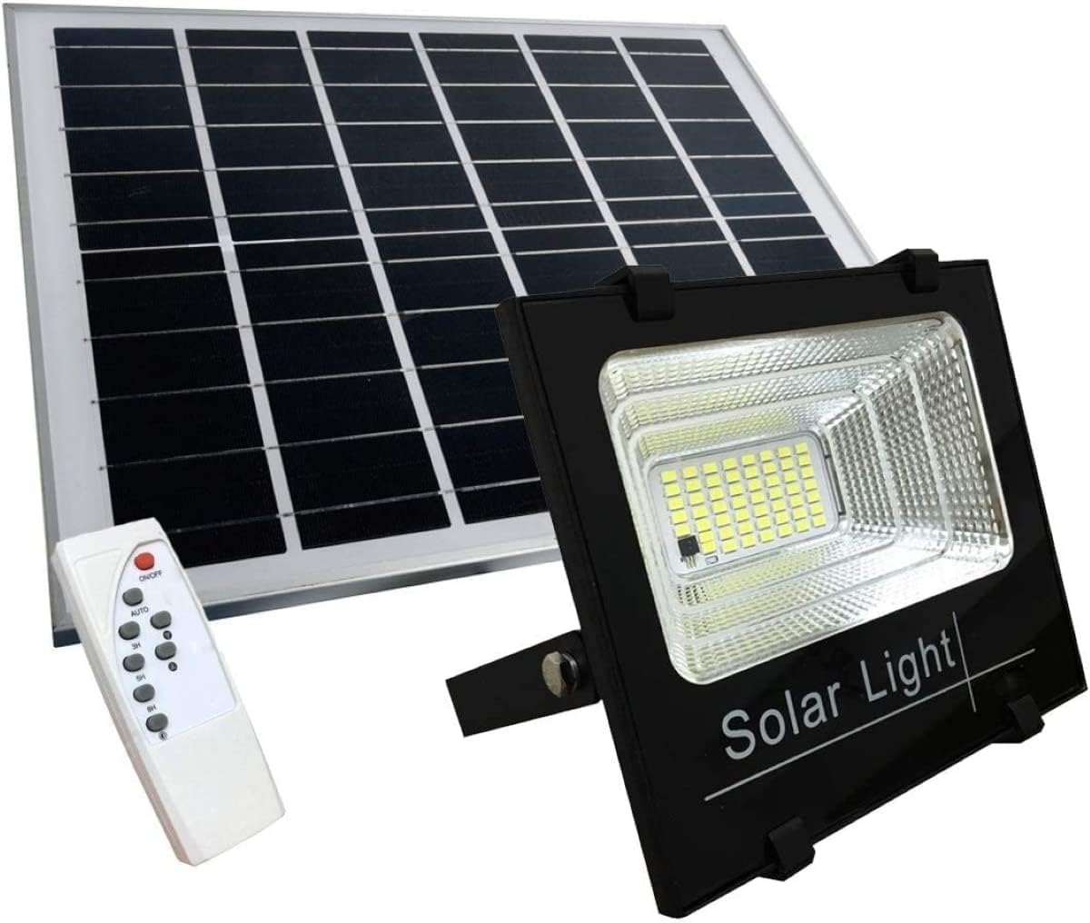 SQUADO - 100W SMD LED Outdoor Rechargeable Spotlight with Solar Panel, Twilight Sensor and Remote Control