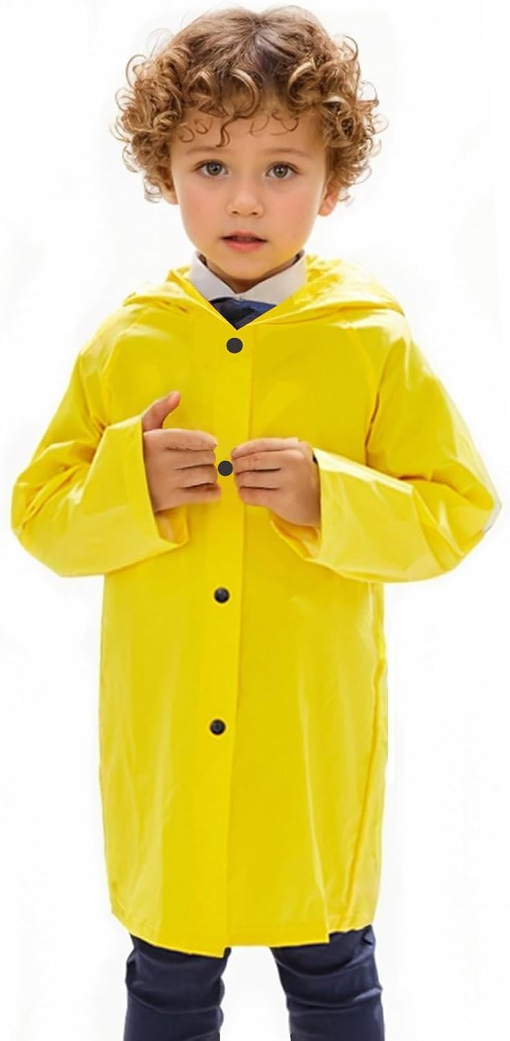 Children's Lightweight Raincoat, Yellow Hooded Rain Jacket for Kids, Water-Resistant Girls Boys Rain Coat Outerwear
