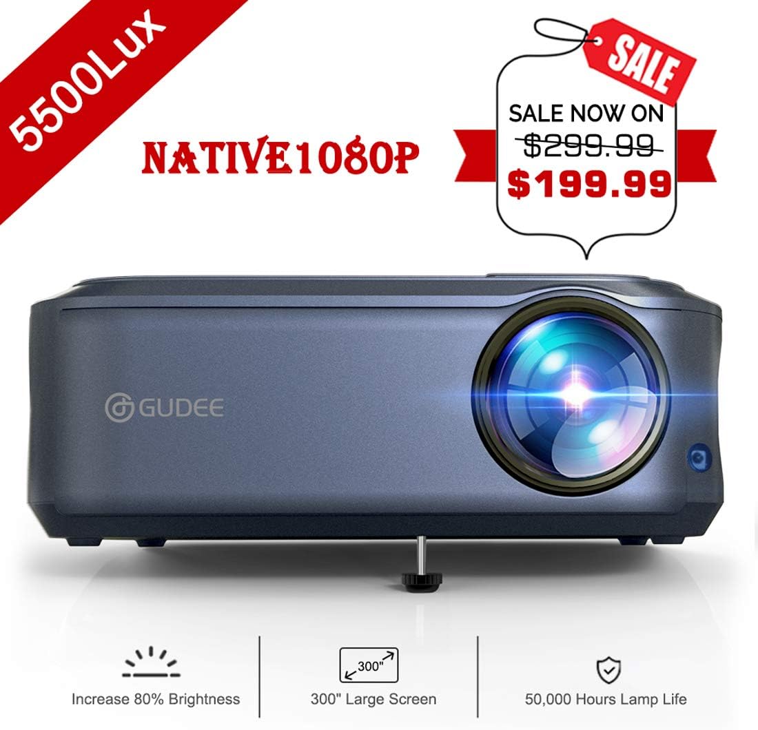 Video Projector, GuDee Native 1080P Full HD Movie Projector for Home Theater, 5500 Lux Overhead Projector for Business PowerPoint Presentations, Compatible with Laptop, Smartphone, HDMI, USB