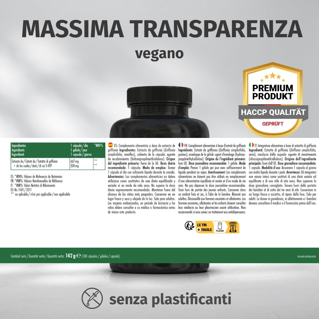 Green Naturals® 5-HTP – Ad alto dosaggio 200 mg da Griffonia simplicifolia – 100% vegano & senza additivi – Qualità tedesca – 180 capsule (6 mesi)