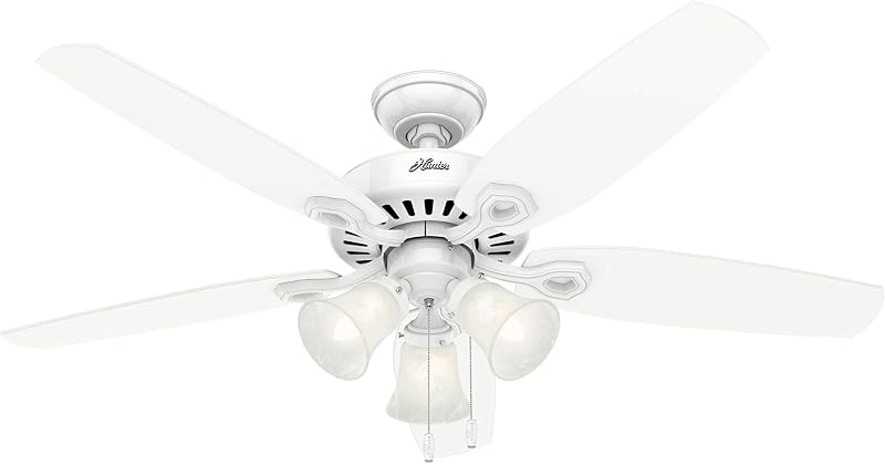 Hunter Builder Plus, Indoor, Ceiling Fan, Pull Chain, 52 inch, Snow White | with LED Lights, Standard Mount, 5 Blades, For Bedroom, Living Room, Includes Bulbs, 53236