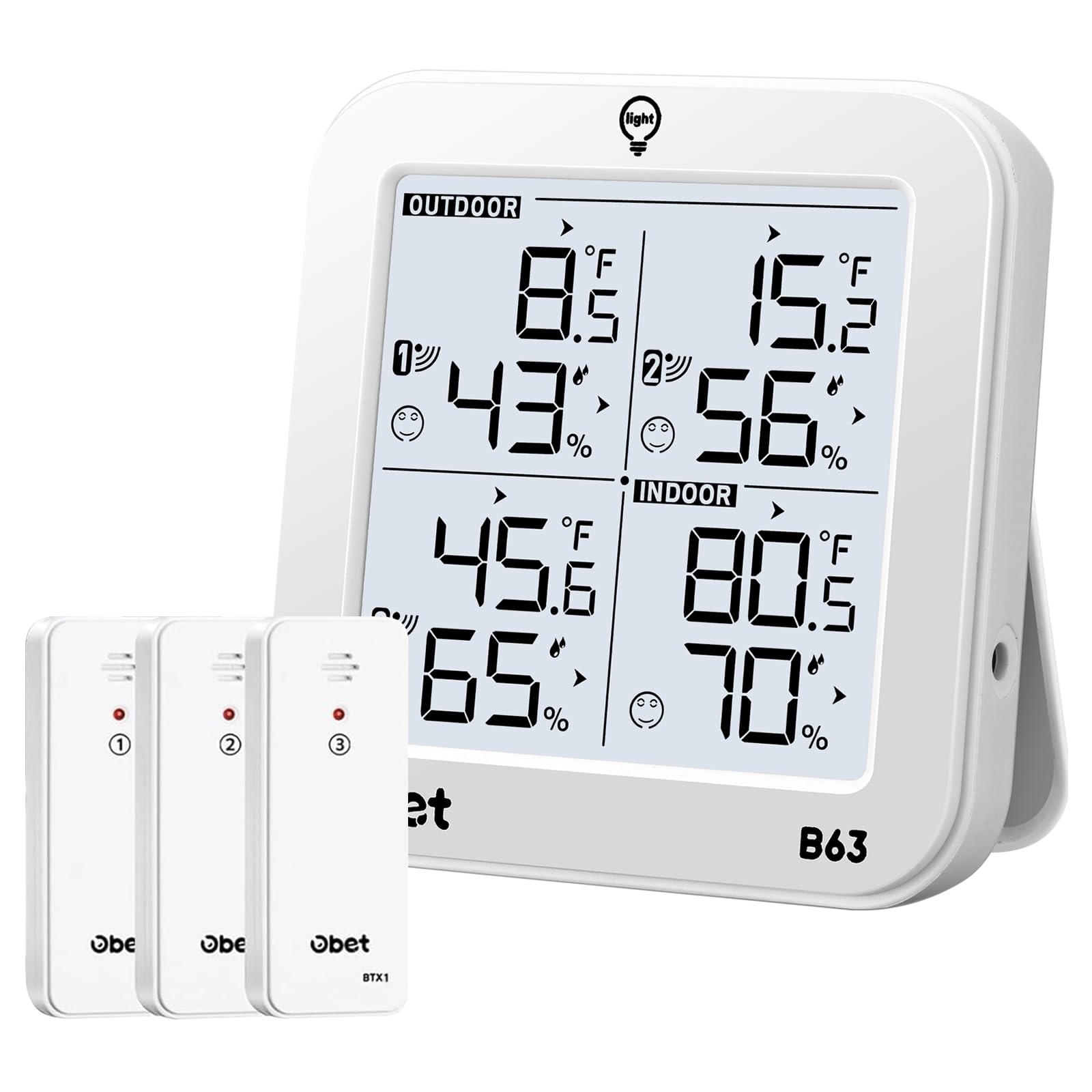 OBET Wetterstationen, kabellos, Innen- und Außenthermometer und Feuchtigkeitsmonitor, 150 m Reichweite, mit 3 Fernbedienungssensoren und einstellbarer Hintergrundbeleuchtung, After-Sale-Schutz
