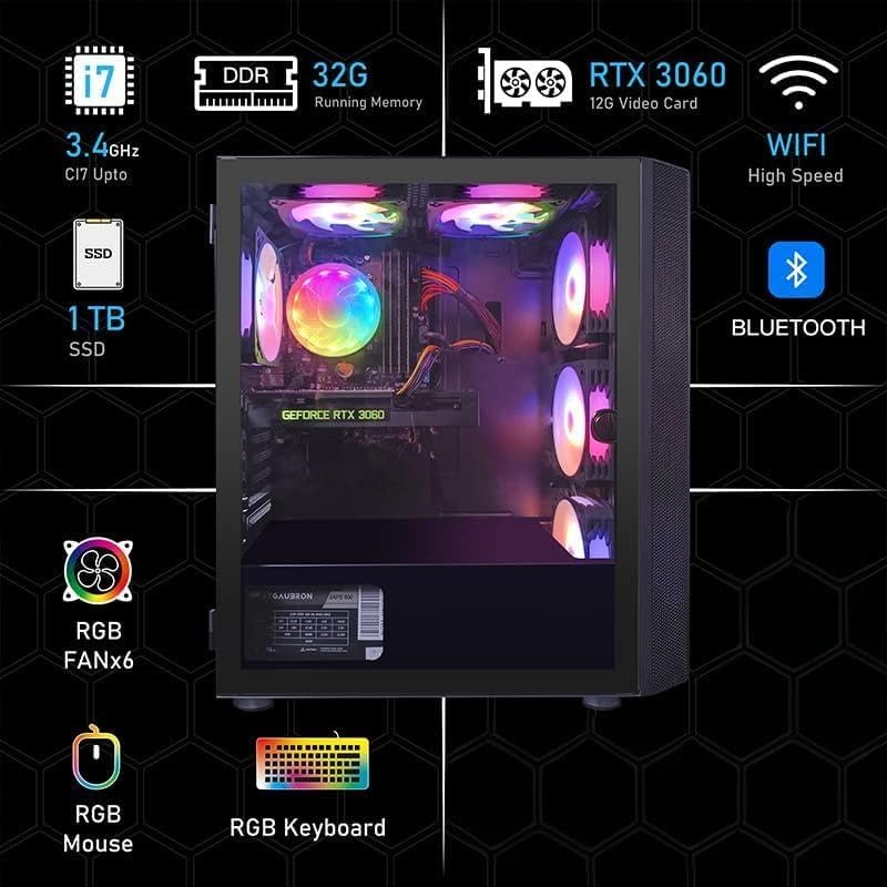 Diagram highlighting key features of the STGAubron Gaming PC: Intel Core i7, 32GB RAM, RTX 3060, 1TB SSD, WiFi, Bluetooth, RGB fans, mouse, and keyboard.