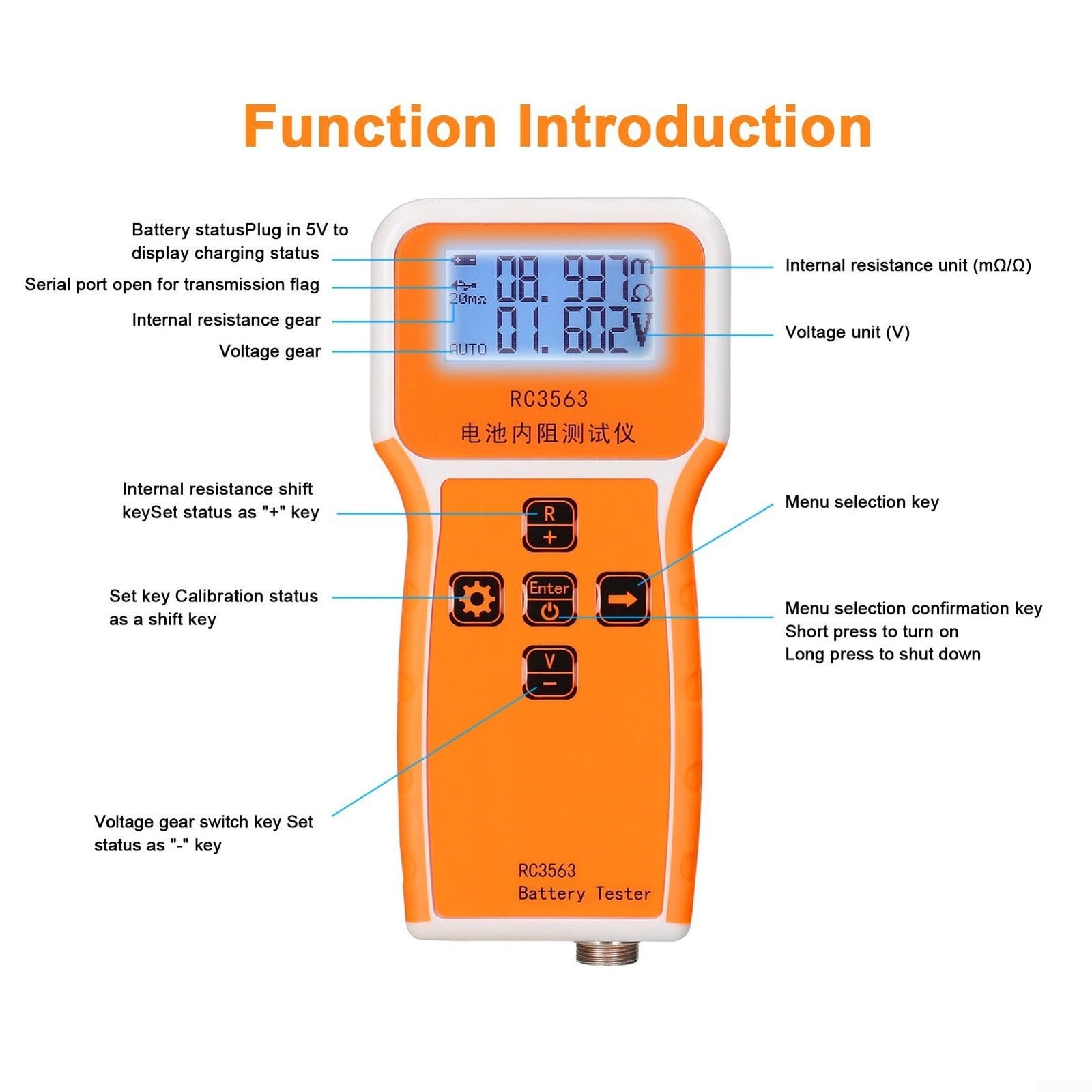 RC3563 Tester di resistenza interna a 4 fili per batteria, misuratore di tensione digitale 0-100 V CC, dispositivo ad alta precisione per batterie ternarie al litio e acido (1 set)