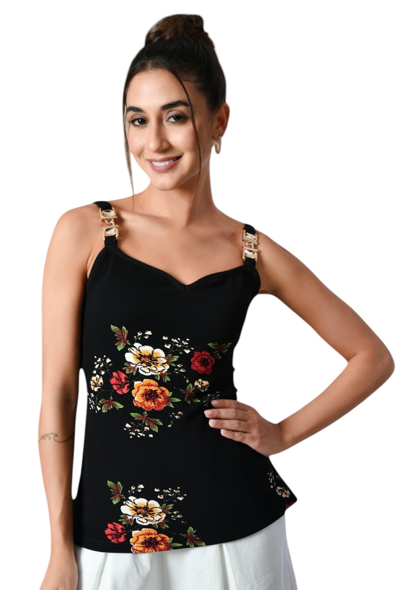 iuga Women's Black Floral Sleeveless Top with Gold Buckle Straps-picture-31