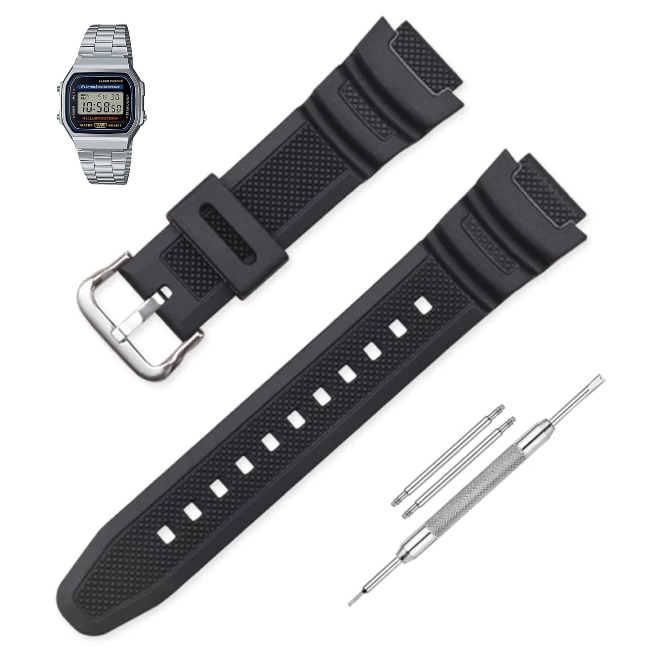 LineOn Resin Soft Watch Strap (Black) Compatible With CASIO A168WA A 168 WA with Tool and Pins (B0CSZ592DX) Amazon Price History, Amazon Price Tracker