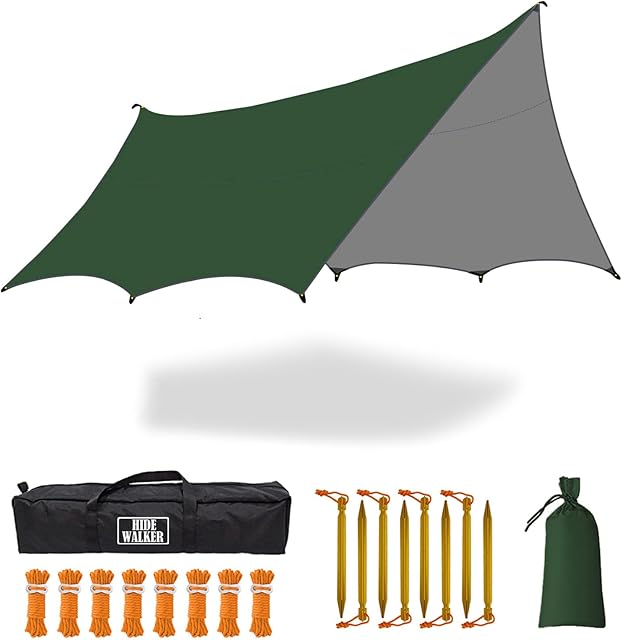 5m X 5m Large Camping Tarps Waterproof Hammock Rain Fly Multipurpose Hexagon Tarpaulin Shelter Tent Groundsheet Outdoor Tarp Awning Canopy (Without Pole)
