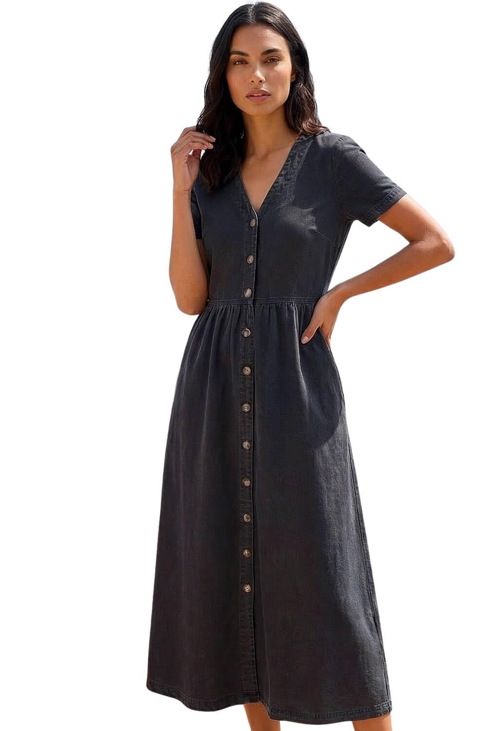 Roman Originals Women's Denim Black Button Through Dress - Summer Beach Ditsy Spot Midi Maxi Spring Everyday Evening Work Holiday Vacation Short Sleeve Smart Casual