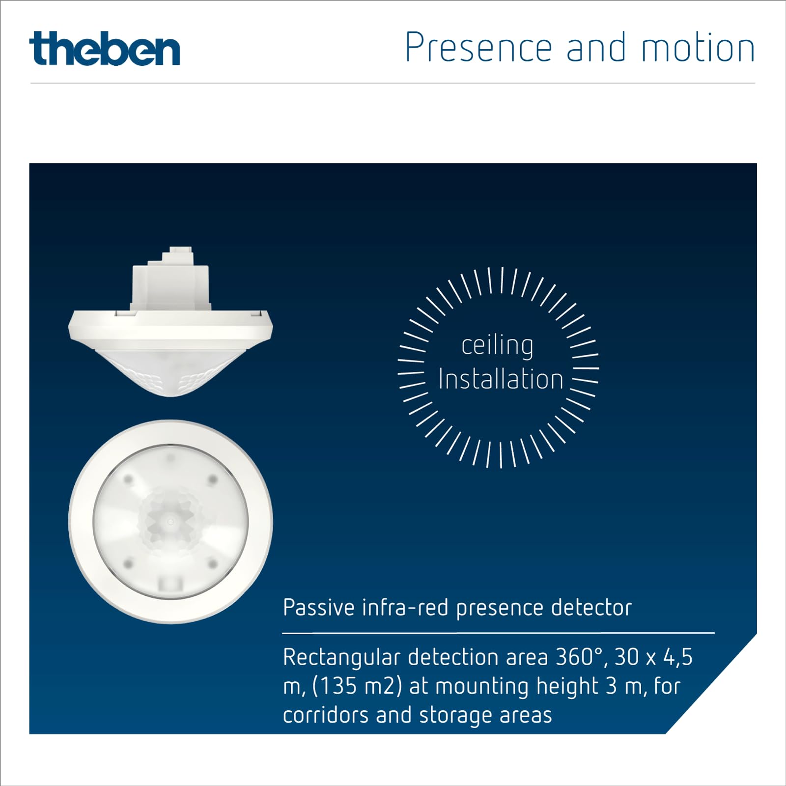 Theben 2019300 thePassa P360 KNX UP WH rilevatore presenza corridoi 360° | incasso a soffitto, KNX, 2 canali luce, 2 canali presenza per HVAC, rilevamento direzione, 30 x 4,5 m, bianco