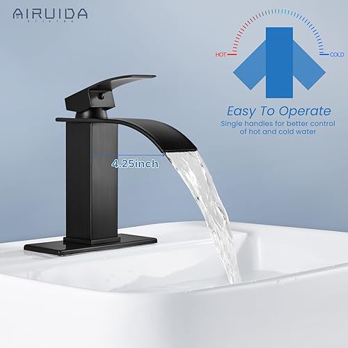 Vista 37 de Airuida Grifo de baño de cascada negro mate, grifo de baño de un solo agujero, grifo mezclador de montaje en cubierta con placa de cubierta, grifo