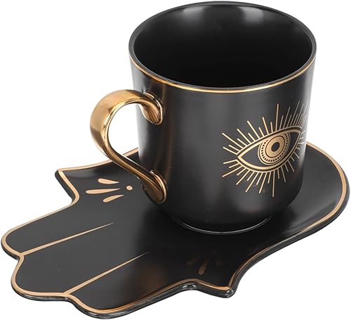 Hemoton Taza de café de ojo azul turco con platillo, juego de taza de cerámica contra el mal de ojo, símbolo de protección, amuleto, taza de té,