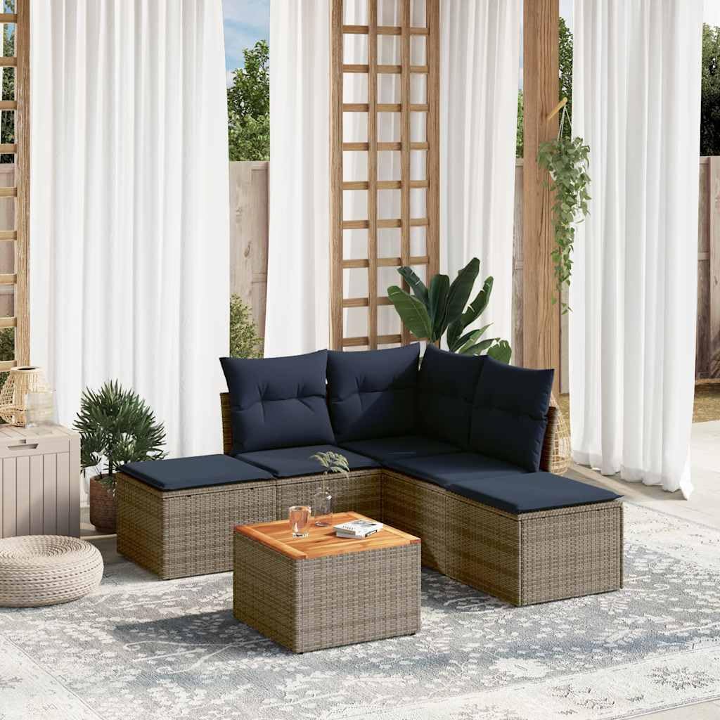 Juego de 6 sofás de jardín de polirratán para terraza y jardín, conjunto de asientos modulares con espacio de almacenamiento, mesa de madera de acacia, incluye cojín, color gris