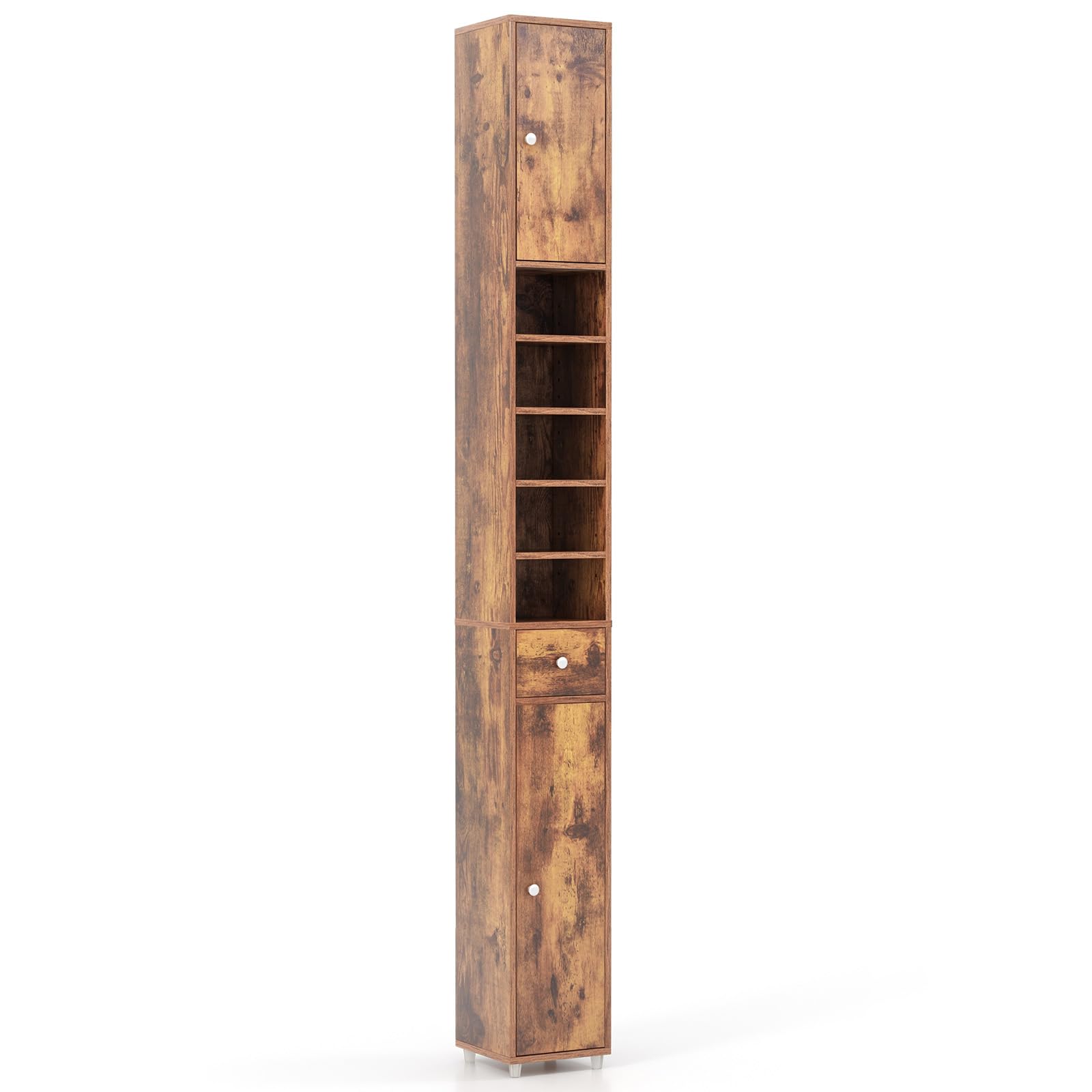 COSTWAY Slim Bathroom Tall Cabinet, Freestanding Storage Cupboard with 2 Doors, 1 Drawer & Adjustable Shelves, Wooden High Floor Cabinet Unit for Bathroom Living Room, 20x20x180cm (Rustic Brown)