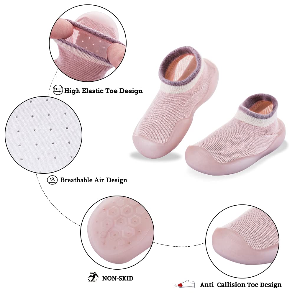 Pluatyep Baby Toddler Sock Shoes Non-Skid Slipper with Rubber Soft Sole Breathable Cotton Walking Shoes for Infant Girls Boys, Pink, 9-12 Months Toddler 1