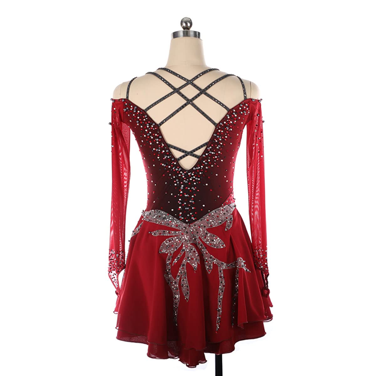 Donne Pattinaggio sul Ghiaccio Tuta da Gara Sport Invernali Figura Pattinaggio Dress Ladies Ice Skate Dance Costume Maniche Lunghe Strass Ginnastica Body