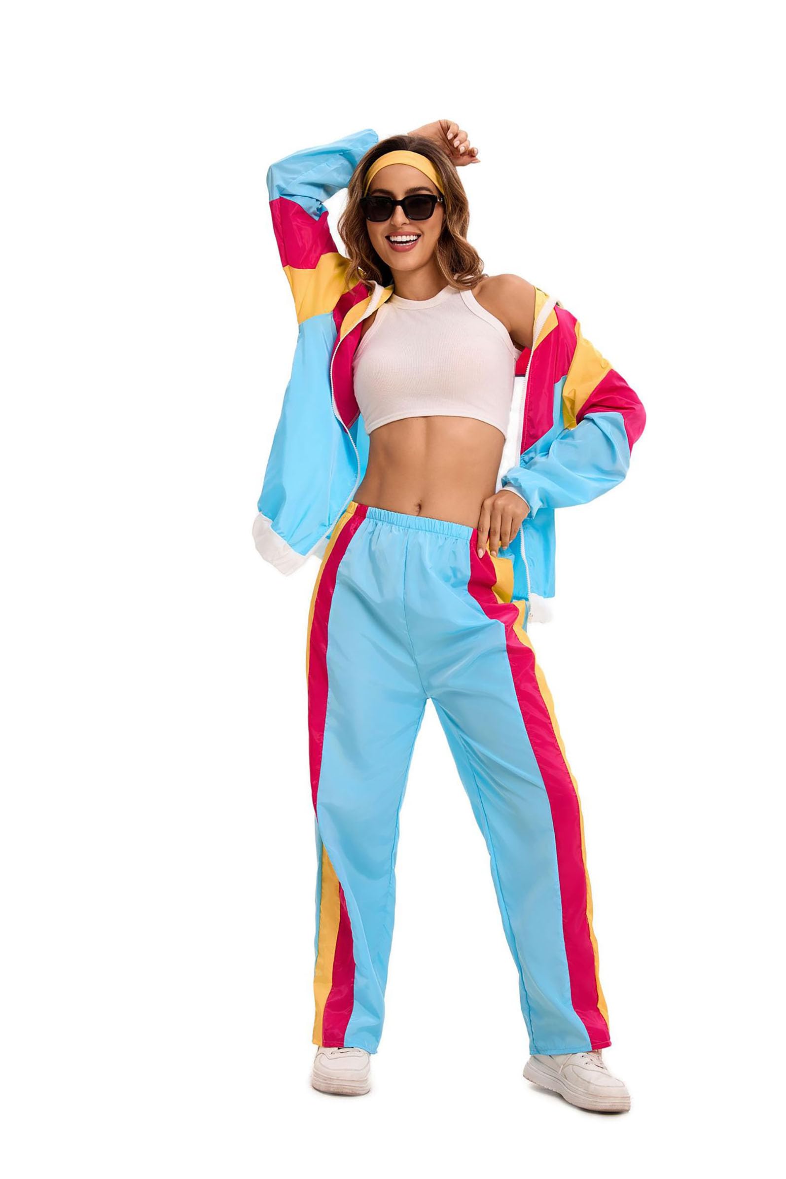 Velcoxplay Women's 80s 90s Retro Tracksuit Disco Suit Jacket Trousers for Carnival Fancy Dress Costume Blue and Pink, M - Image 3