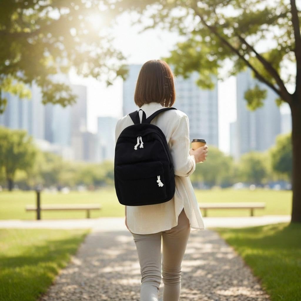 Corduroy Travel Backpack Women Vintage Casual Kawaii Cute Aesthetic Fuzzy Fluffy Plush Fleece Rucksack Daypack (Black) - Image 6