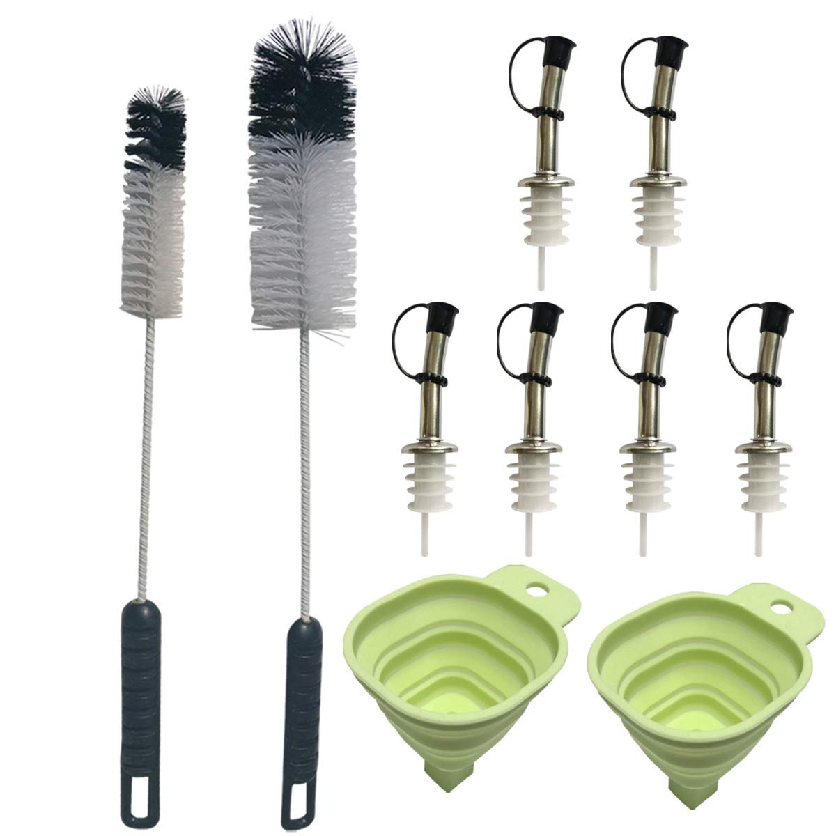 Coralpearl Bottle Cleaning Brushes Long Handle Cleaner Tool Set With Cork Stoppers Dispenser Pourers Spouts for Wine,Liquor,Oil With Dust Cap and Plastic Kitchen Funnels Value Kit Pack of 10