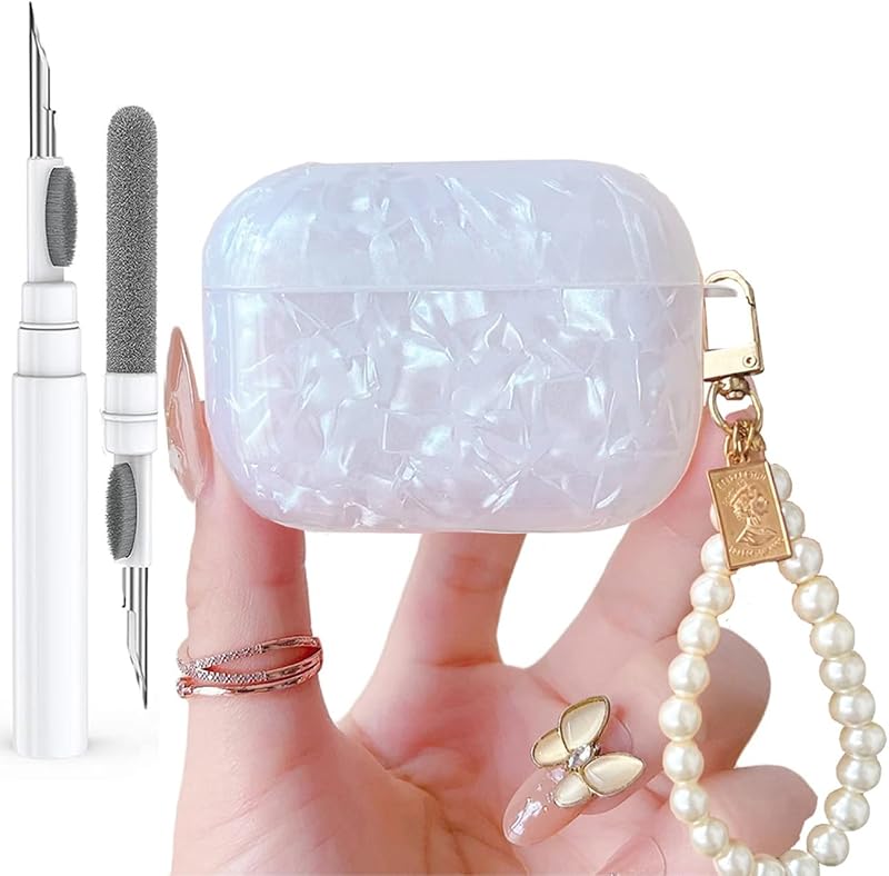 Olytop - Funda para Airpods Pro 3 con purpurina 2025 con bolígrafo limpiador, diseño de concha para Apple Airpod iPod Pro de 3.ª generación, piel protectora para niña y mujer con llavero de perlas de lujo, color blanco
