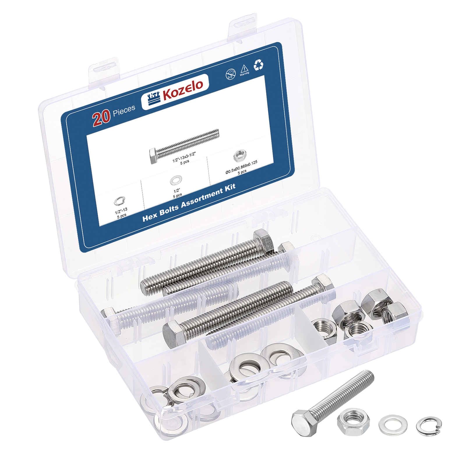 Kozelo 20 Pcs Bolts and Nuts Washers Kit - [1/2"-13x3-1/2"] 304 Stainless Steel Hex Tap Bolt Assortment Fully Threaded Hexagon Head Machine Bolts Right Hand, Silver Tone